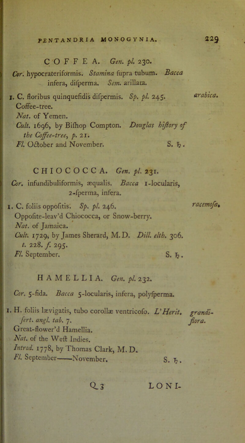 C O F F E A. Gen. pi. 230. I Cor. hypocrateriformis. Stamina fupra tubum. Bacca infera, difperma. Sem. arillata. I. C. floribus quinquefidis difpermis. Sp. pi. 245. arabica. Coffee-tree. Nat. of Yemen. Cult. 1696, by Bilhop Compton. Douglas hiftory of the Coffee-tree^ p. 21. FI. Odtober and November. S. Tj. CHIOCOCCA. Gen. pi. 231. Cor. infundibuliformis, asqualis. Bacca i-locularis, 2-fperma, infera. , 1. C. foliis oppofitis. Sp. pi. 246. racemofa% Oppofite-leav’d Chiococca, or Snow-berry. Nat. of Jamaica. Cult. 1729, by James Sherard, M. D. Dill. elth. 306. t. 228. f. 295. FI. September. S. Tj. HAMELLIA. Gen. pi. 232. Cor. 5-fida. Bacca 5-locularis, infera, polyfperma. ; I. H. foliis laevigatis, tubo corollas ventricofo. L Her it. grandi- fert. angl. tab. 7. fora. Great-flower’d Hamellia. Nat. of the Weft Indies. In trod. 1778, by Thomas Clark, M. D. FI. September November. S. 7?. Q_ 3 LONI-