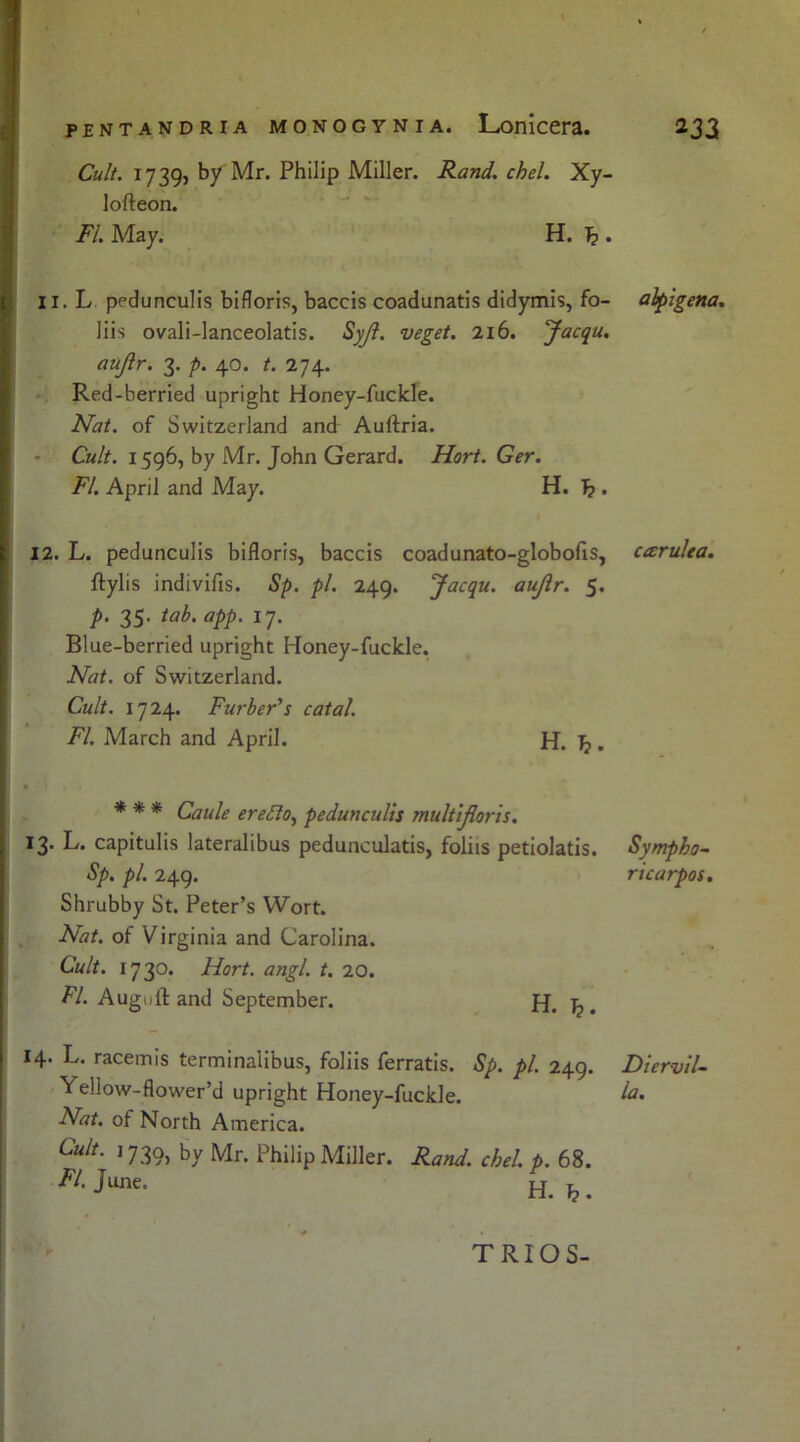 Cult. 17395 by Mr. Philip Miller. Rand. chel. Xy- lofteon. FI. May. H. Tj . II. L pedunculis bifloris, baccis coadunatis didymis, fo- liis ovali-lanceolatis. Syjl. veget. 216. Jacqu. aujlr. 3. p. 40. t. 274. Red-berried upright Honey-fuckle. Nat. of Switzerland and Auftria. Cult. 1596, by Mr. John Gerard. Hort. Ger. FI. April and May. H. Tj . 12. L. pedunculis bifloris, baccis coadunato-globofis, ftylis indivifis. Sp. pi. 249. Jacqu. aujlr. 5. p. 35. tab.app. 17. Blue-berried upright Honey-fuckle. Nat. of Switzerland. Cult. 1724. Furber’s catal. FI. March and April. H. ^ . * * * Caule ereclo, pedunculis multijloris. 13. L. capitulis lateralibus pedunculatis, foliis petiolatis. Sp. pi. 249. Shrubby St. Peter’s Wort. Nat. of Virginia and Carolina. Cult. 1730. Hort. angl. t. 20. FI. Augwft and September. H. ^. 14. L. racemis terminali'bus, foliis ferratis. Sp. pi. 249. Yellow-flower’d upright Honey-fuckle. Nat. of North America. Cult. 1730, by Mr. Philip Miller. Rand. cbel. p. 68. n. June. H. b. abpigena. carulea. Sympho- ricarpos. DierviU la. TRIOS-