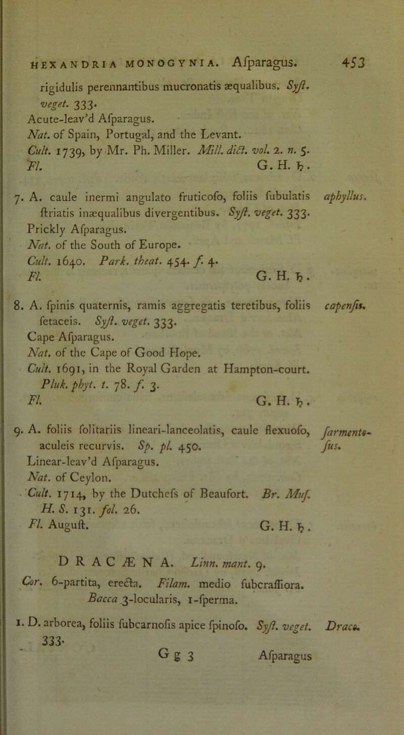 rigidulis perennantibus mucronatis aequalibus. Syji. veget. 333. Acute-leav’d Afparagus. Nat. of Spain, Portugal, and the Levant. Cult. 1739, by Mr. Ph. Miller. Mill. diet. ml. 2. n. 5. FI. G.H. h. 7. A. caule inermi angulato fruticofo, foliis fubulatis aphyllus. ftriatis inasqualibus divergentibus. SyJl, veget. 333. Prickly Afparagus. Nat. of the South of Europe. Cult. 1640. Park, theat. 454. f 4. FI. G. H. Ti. 8. A. fpinis quaternis, ramis aggregatis teretibus, foliis capenfit. fetaceis. Syji. veget. 333. Cape Afparagus. Nat. of the Cape of Good Hope. Cult. 1691, in the Royal Garden at Hampton-court. Pluk. phyt. t. 78. f. 3. FI. G. H. h • 9. A. foliis folitariis lineari-lanceolatis, caule flexuofo, farmentt- aculeis recurvis. Sp. pi. 450. /us. Linear-leav’d Afparagus. Nat. of Ceylon. Cult. 1714, by the Dutchefs of Beaufort. Br. Mu/. H. S. 131. /ol. 26. FI. Auguft. G. H. . D R A C jE N A. Linn. mant. 9. Cor. 6-partita, erecfa. Filam. medio fubcrafliora. Bacca 3-locularis, i-fperma. I. D. arborea, foliis fubcarnofis apice fpinofo. Syji. veget. 333- G g 3 Draco. Afparagus