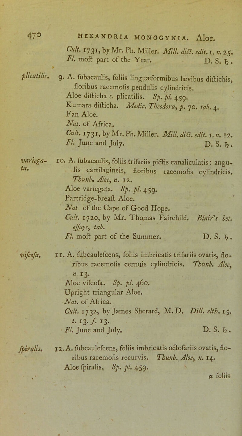 plicatilis. variega- ta. vifcofa. fpiralis. Cult. 1731, by Mr. Ph. Miller. Mill, dift. edit.i. n. 25. FI. moft part of the Year. D. S. b • 9* A. fubacaulis, foliis linguaeformibus laevibus diftichis, floribus racemofis pendulis cylindricis. Aloe difticha s. plicatilis. Sp. pi. 459. Kumara difticha. Medic. Theodora, p. 70. tab. 4. Fan Aloe. Nat. of Africa. Cult. 173 r, by Mr. Ph. Miller. Mill. di£l. edit. 1. n. 12. FI. Jane and July. D. S. T?. 10. A. fubacaulis, foliis trifariis pitftis canaliculatis: angu- lis cartilagineis, floribus racemofis cylindricis. Thunb, Aloe, n. 12. Aloe variegata. Sp. pi. 459. Partridge-breaft Aloe. Nat of the Cape of Good Hope. Cult. 1720, by Mr. Thomas Fairchild. Blair’s bot. ejfays, tab. FI. moft part of the Summer. D. S. T?. • \ 11. A. fubcaulefcens, foliis imbricatis trifariis ovatis, flo- ribus racemofis cernuis cylindricis. Thunb. Aloe, n. 13. Aloe vifcofa. Sp. pi. 460. Upright triangular Aloe. Nat. of Africa. Cult. 1732, by James Sherard, M. D. Dill. elth. 15. t. 13 .f 13. FI. June and July. D. S. T?. 12. A. fubcaulefcens, foliis imbricatis odlofariis ovatis, flo- ribus racemofis recurvis. Thunb. Aloe, n. 14. Aloe fpiralis, Sp. pi. 459.