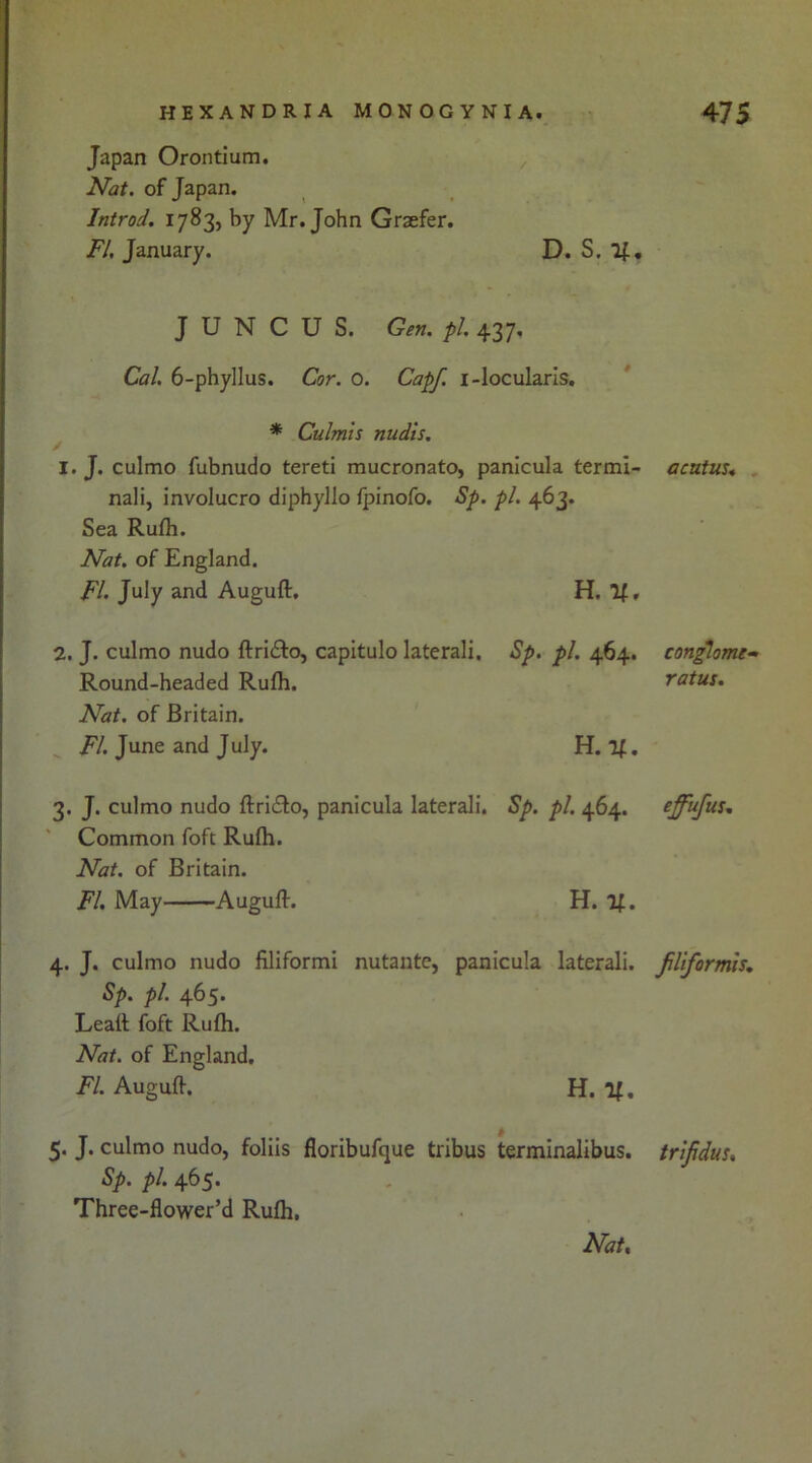 Japan Orontium. Nat. of Japan. Introd. 1783, by Mr. John Graefer. Fl. January. D. S. If, J U N C U S. Gen. pi. 437. Cal. 6-phyllus. Cor. o. Capf. i-locularis, * Culmis nudis. 1. J. culmo fubnudo tereti mucronato, panicula termi- acutus* nali, involucro diphyllo fpinofo. Sp. pi. 463. Sea Rufh. Nat. of England. FI July and Auguft. H. If, 2. J. culmo nudo ftri&o, capitulo laterali. Sp. pi. 464. conglome- Round-headed Rufh. ratus. Nat. of Britain. FI. June and July. H. If. 3. J. culmo nudo ftricfto, panicula laterali. Sp. pi. 464. effufus. Common foft Rufh. Nat. of Britain. FI. May Auguft. H. if. 4. J. culmo nudo filiformi nutante, panicula laterali. fliformis. Sp. pi. 465. Leaft foft Rufti. Nat. of England. FI. Auguft. H. if. 5. J. culmo nudo, foliis floribufque tribus terminalibus. Sp. pi. 465* Three-Hower’d Rulh. Nat. trifidus.