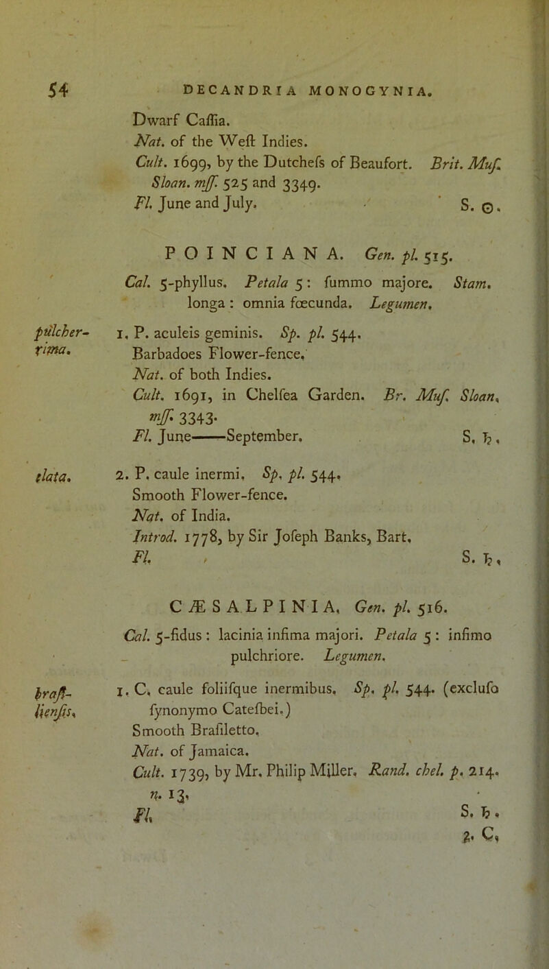 Dwarf Caffia. Nat. of the Weft Indies. Cult. 1699, by the Dutchefs of Beaufort. Brit. Muf. Sloan, mjf. 525 and 3349. Z'/. June and July. / ' S. ©. POINCIANA. Gen. pi. 515. Cal. 5-phyllus. Pet ala 5 ; fummo majore. St am, longa : omnia foecunda. Legumen, pulcher- i, P. aculels geminis. Sp. pi. 544. xma. Barbadoes Flower-fence, Nat. of both Indies. Cult. 1691, in Chelfea Garden. Br. Muf. Sloan, 3343- FI. June September. S, T?, tlata, 2. P. caule inermi, Sp. pi. 544. Smooth Flower-fence. Nat. of India. Introd. 1778, by Sir Jofeph Banks, Bart, FI. , S. , Irajf- C iE S A L P I N I A, Gen. pi. 516. Cal. 5-fidus : lacinia infima majori. Petala 5 : infimo pulchriore. Legumen. I, C. caule foliifque inermibus, Sp, pi. 544. (cxclufo fynonymo Catefbei.) Smooth Brafiletto, % Nat. of Jamaica. Cult. 1739, by Mr. Philip Miller, Rand. chel. p.iiif. n. 13, //. S. C,