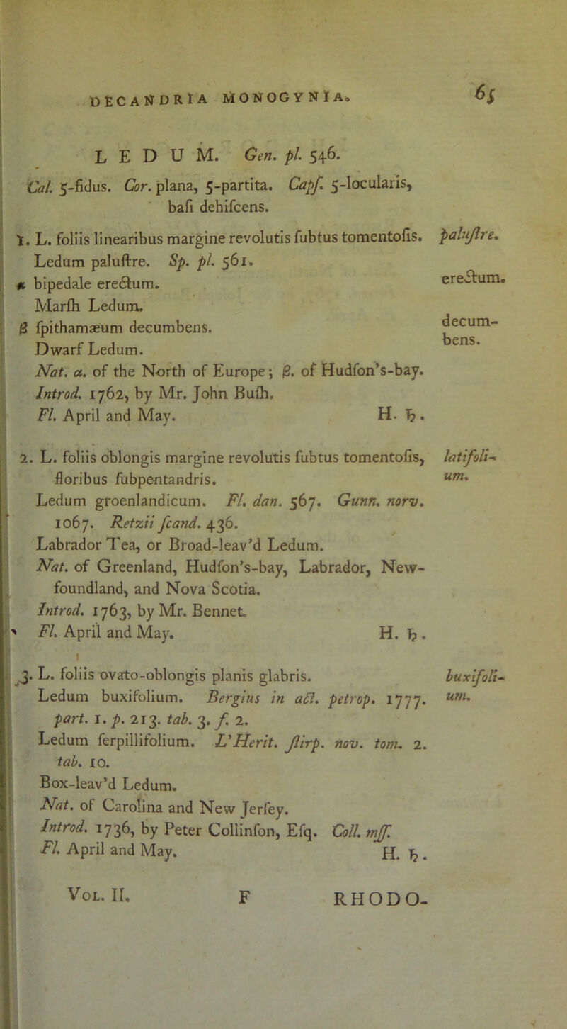 ledum. Gen. pi 546. Gal 5-fidus. Cor. plana, 5-partita. Capf. 5-locularis, bafi dehifcens. 1. L. foliis linearibus margine revolutis fubtus tomentofis. palujlre. Ledum paluftre. 8p. pi 561. « bipedale eredum. Marfli Ledum. $ fpithamaeum decumbens. Dwarf Ledum. Nat. a. of the North of Europe; of Hudfon^s-bay. Introd. 1762, by Mr. John Bulh. FI April and May. H. Ij . 2. L. foliis oblongis margine revolutis fubtus tomentofis, latifoli-^ floribus fubpentandris. Ledum groenlandicum. FI, dan. 567. Gunn. norv. 1067. Retzii fcand. 436. Labrador Tea, or Broad-leav’d Ledum. Nat. of Greenland, Hudfon’s-bay, Labrador, New- foundland, and Nova Scotia. Introd. 1763, by Mr. Bennet, ' FI April and May. H. ^ . I . 3. L. foliis ovato-oblongis planis glabris. buxifolt- Ledum buxifolium. Bergius in a6i. petrop. 1777. part. j. p. 212- tab- 3. f. 2. Ledum ferpillifolium. L'Merit. Jlirp. nov. tom. 2. tab. 10. Box-leav’d Ledum, Nat. of Carolina and New Jerfey. Introd. 1736, by Peter Coliinfon, Efq. Coll mjf. FI April and May. H. h • ere«51:um. decum- bens. RHODO-