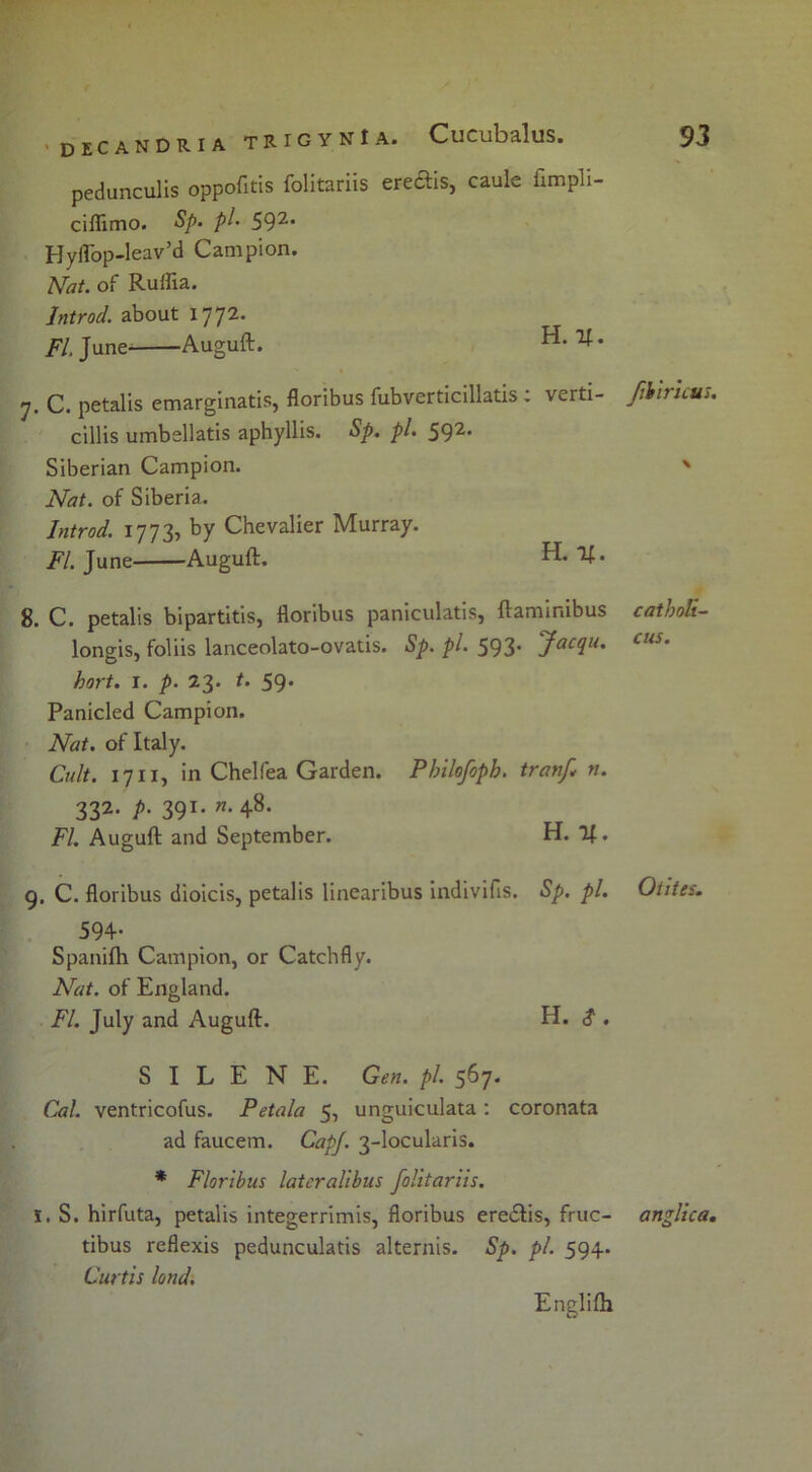 «decandria TRIGYNIA. Cucubalus. S3 pedunculis oppofitis folitariis ereais, caule fimpll- ciffimo. Sp. pi- 59^* HyfTop-leav’d Campion. Nat. of Rulfia. Jntrod. about 1772. FI June- Auguft. • 7. C. petalis emarginatis, floribus fubverticillatis ; verti- fjhricus. cillis umbellatis aphyllis. Sp. pi. 59^' Siberian Campion. ' Nat. of Siberia. Jntrod. 1773, by Chevalier Murray. i^’/. June Auguft. H. If. 8. C. petalis bipartitis, fioribus paniculatis, ftaminibus cathoU- longis, foliis lanceolato-ovatis. Sp. pi. 593. Jacqu. cus. hart. I. p. 23* 59* Panicled Campion. Nat. of Italy. Cult. 1711, in Chelfea Garden. Philofopb. tranf* n. 332. p. 391. FI. Auguft and September. H. 7f. 9. C. floribus dioicis, petalis linearibus indivifis. Sp. pl. Oiites. 594- Spanifti Campion, or Catch fly. Nat. of England. FI. July and Auguft. H. S • S I L E N E. Gen. pl. 567. Cal. ventricofus. Petala 5, unguiculata; coronata ad faucem. CapJ. 3-locularis. * Floribus lateralibiis folitariis. I. S. hirfuta, petalis integerrimis, floribus eredlis, fruc- anglica, tibus reflexis pedunculatis alternis. Sp. pl. 594. Curtis land'. Englifti