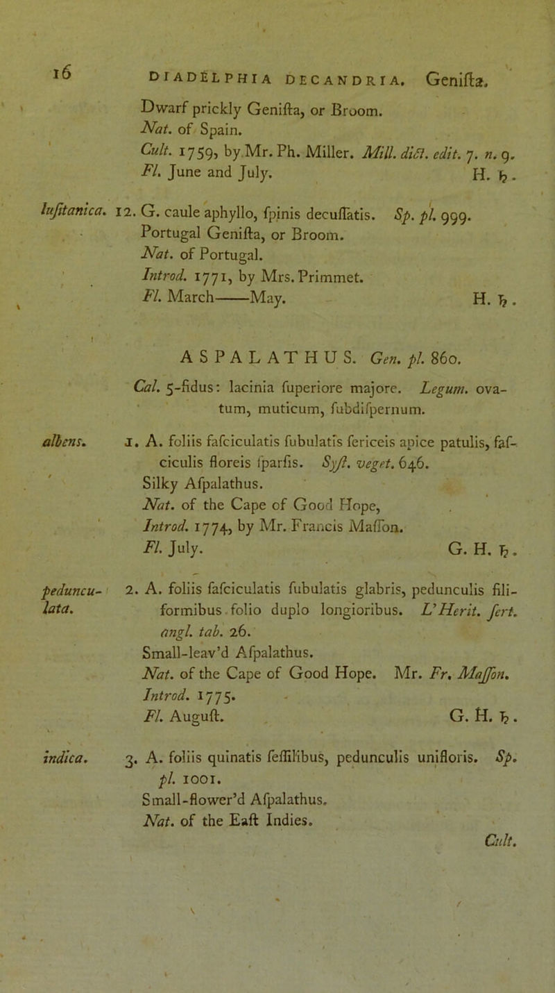 Dwarf prickly Genifta, or Broom. Nat. of Spain. Cult. 1759, by.Mr. Ph. Miller. Mill. didl. edit. 7. n. 9. FI. June and July. H. i? - lufitanica. 12. G. caule aphyllo, fpinis deculTatis. Sp. pi, ggg. Portugal Genifta, or Broom. Nat. of Portugal. Introd. 1771, by Mrs.Primmet. FI. March May. H. T?. ASPALATHUS. Gen. pi. 860. Cal. 5-ftdus: lacinia fuperiore majore. Legum. ova- tum, muticum, fubdifpernum. aliens. J. A. foliis fafciculatis fubulatis fericeis anice patulis, faf- ciculis floreis lparfis. S)J1. veget. 646. Silky Afpalathus. Nat. of the Cape of Good Hope, Introd. 1774, by Mr. Francis MafTon. FI. July. G. H. T2. peduncu- latet. 2. A. foliis fafciculatis fubulatis glabris, pedunculis fili- formibus folio duplo longioribus. L'Herit. fert. (ingl. tab. 26. Small-leav’d Afpalathus. Nat. of the Cape of Good Hope. Mr. Fr. MaJJon. Introd. 1775. FI. Auguft. G. H. T?. indica. 3. A. foliis quinatis fellilibus, pedunculis unifloris. Sp. pi. 1001. Small-flower’d Afpalathus. Nat. of the Eaft Indies. Cult.