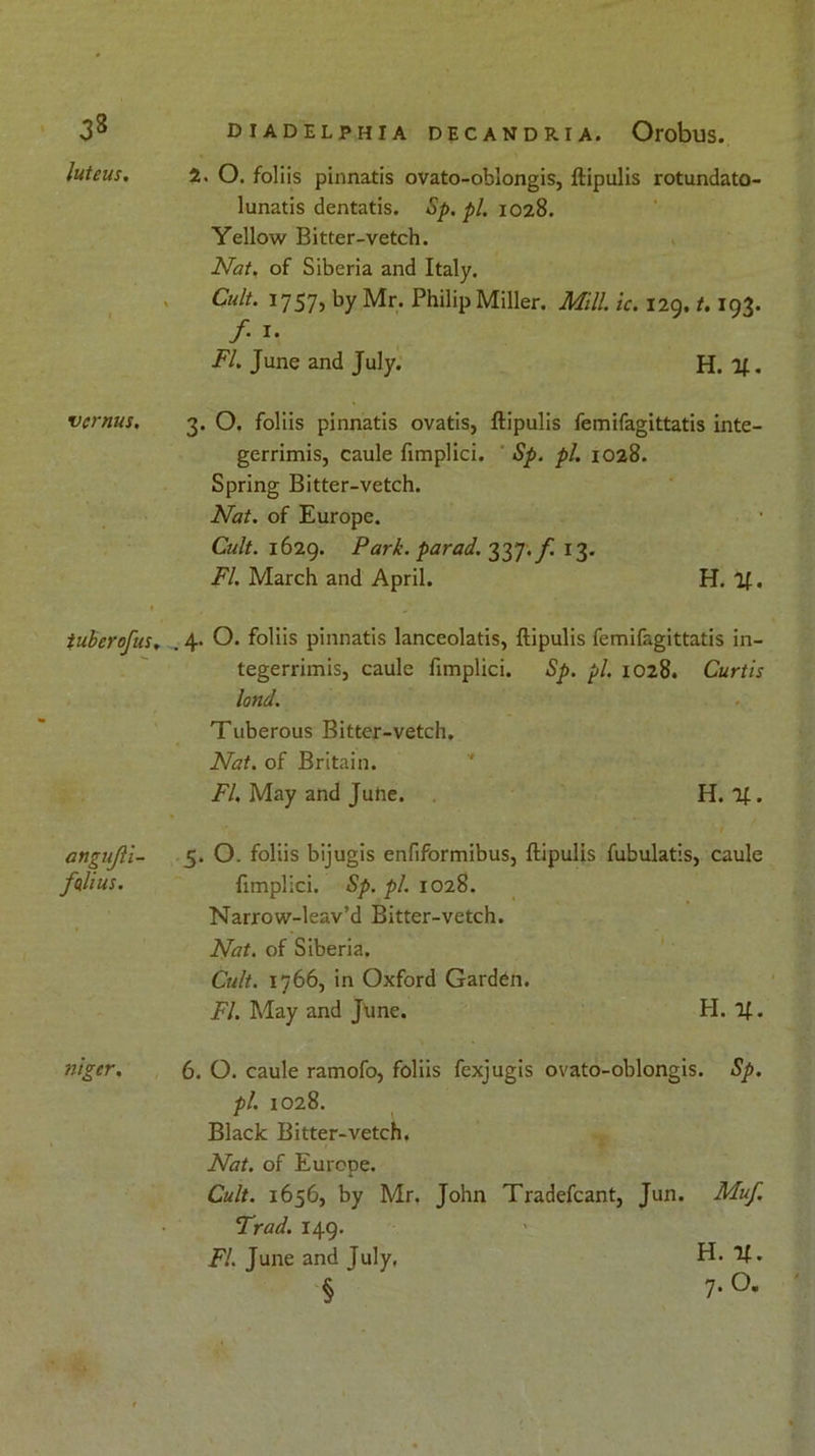 33 luteus. vcrnus. iuberofus. angujli- falius. niger, DIADELPHIA DECANDRIA. OrobllS. 2. O. foliis pinnatis ovato-oblongis, ftipulis rotundato- lunatis dentatis. Sp. pi. 1028. Yellow Bitter-vetch. Nat, of Siberia and Italy. Cult. 1757, by Mr. Philip Miller. Mill. ic. 129. /. 193. /• I* FI. June and July. H. If. 3. O. foliis pinnatis ovatis, ftipulis femifagittatis inte- gerrimis, caule fimplici. Sp. pi. 1028. Spring Bitter-vetch. Nat. of Europe. Cult. 1629. Park, par ad. 337.f. 13. FI. March and April. H. If. _ 4. O. foliis pinnatis lanceolatis, ftipulis femifagittatis in- tegerrimis, caule fimplici. Sp. pi. 1028. Curtis land. Tuberous Bitter-vetch. Nat. of Britain. FI. May and Julie. H. Of • 5. O. foliis bijugis enfiformibus, ftipulis fubulatis, caule fimplici. Sp. pi. 1028. Narrow-leav’d Bitter-vetch. Nat. of Siberia. Cult. 1766, in Oxford Garden. FI. May and June. H. 1|. 6. O. caule ramofo, foliis fexjugis ovato-oblongis. Sp. pi. 1028. Black Bitter-vetch, Nat. of Europe. Cult. 1656, by Mr. John Tradefcant, Jun. Muf. Trad. 149. FI. June and July, H. If. § ‘ 7-°.