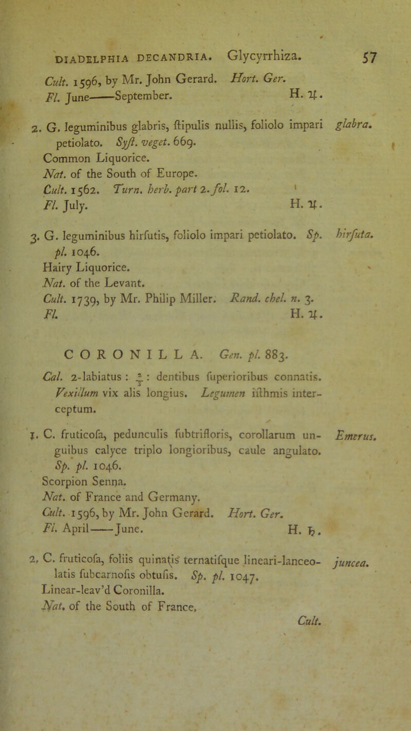 Cult. 1596, by Mr. John Gerard. Hort. Ger. FI. June September. H. l{. 2. G. Ieguminibus glabris, ftipulis nullis, foliolo impari petiolato. Syjl. veget. 669. Common Liquorice. Nat. of the South of Europe. Cult. 1562. Turn. herb, part 2. fol. 12. FI. July. H. If. 3. G. Ieguminibus hirfutis, foliolo impari petiolato. Sp. pi. 1046. Hairy Liquorice. Nat. of the Levant. Cult. 1739, by Mr. Philip Miller. Rand. chel. n. 3. FI. H. %. CORONILLA. Gen. pi. 883. Cal. 2-labiatus : £: dentibus fuperioribus connatis. Vex'ulum vix alis longius. Legumen iilhmis inter- ceptum. j. C. fruticofa, pedunculis fubtrifloris, corollarum un- Emerus. guibus calyce triplo longioribus, caule angulato. Sp. pi. 1046. Scorpion Senna. Nat. of France and Germany. Cult. 1596, by Mr. John Gerard. Hort. Ger. Fi. April June. H. T?. 2. C. fruticofa, foliis quina^is' ternatifque lineari-lanceo- juncea. latis fubcarnofis obtufis. Sp. pi. 1047. Linear-leav’d Coronilla. H^t. of the South of France. glabra. hirfuta. Cult.