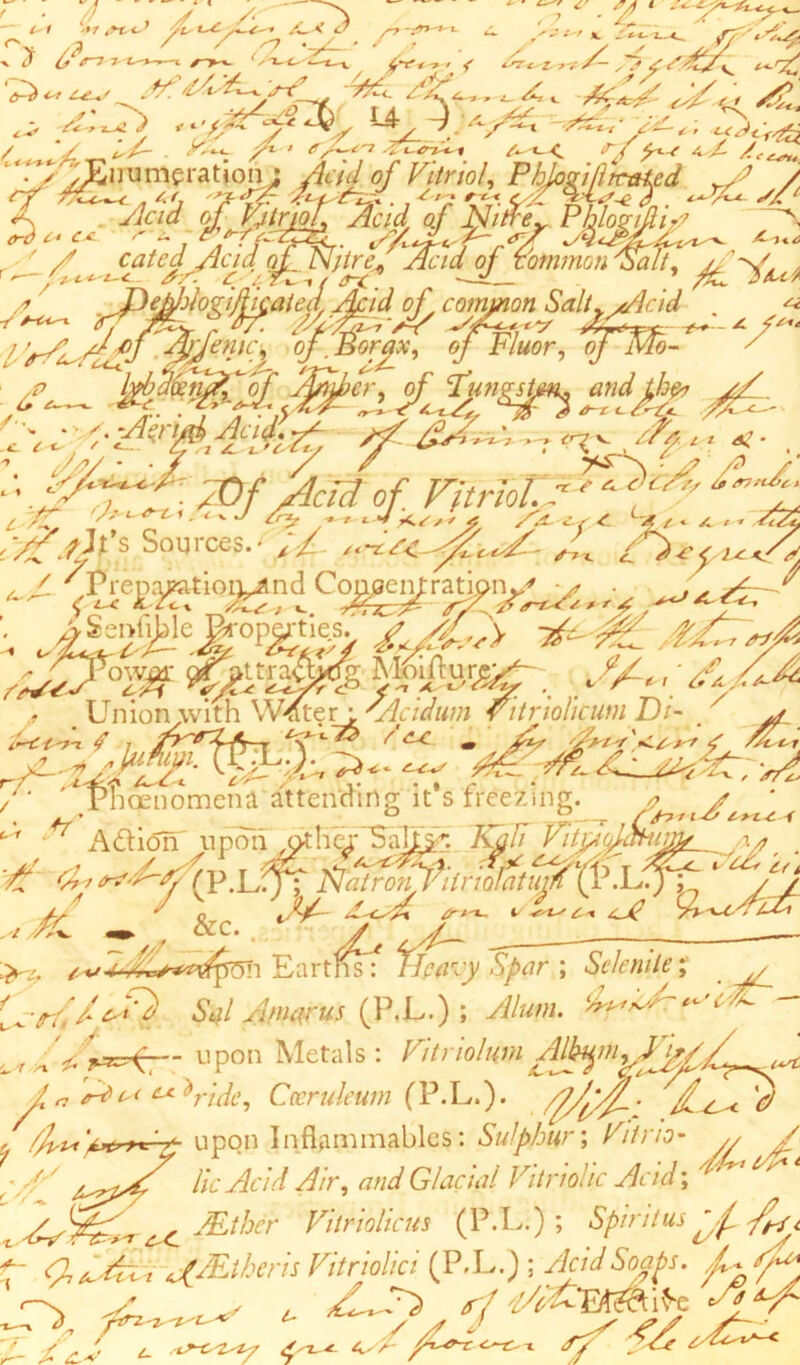 A 7 '•*’ 7^/7 *£.r; . - /— > - -r-^ A- ,7 / ' ‘ -' *. _'* C- 2-- <_ .-- /'“?>' »££*** yL !J>.. L'v“< ^*./>'•',; ^X«g / ^ o/-~ . ' /y^'? A*-< tr/ 4-A <s y/c/« of VjtrioL Acid of Nitrey Phlogdlir? ~^\ *• cc rS' W??r. sAf^f V/ x. ■ ' / cate a Acid ot N;tre. Acid of common 'salt, //~A. r'-/',.c*-z-<. S-A < .; TC t/j-c '~-d— fiL JA A DehJjlovi/heated, Acid of common Salt. Ale id /A~~ ‘Vj&yrr^ ^<7 I'r^L/iff 4>Je}/lc.i of Borax, of Fluor, 0/ Mb- ^.’v' 'A*d$h/kdi?$ cf •22**i->T • f *?■. . fy --ft r 7. /. r^s r^’/f /' f &. dCf 7/ frOI-MC* 77/ /Of Adi of. ritrWA* *77? ‘’“7 t.., ' * ^ ‘ ' d Ay *yr-t V X<? AA ^f ^ LfU- ‘ f/ZSjts Sources*' 2 — ;?{W*0^nd Co^fr^pn^ • i. f(Ap> 7/7,*/. /JAa%m A772MS7 wm&sc-. a. . • 4^ Union with \Wteri fie id urn fitriolicum Di- . y y/ -/- uJ“j7?- tSF A- «f =^>£ A, ' ‘ ' Phoenomena attending it s freezing. • y j~~ tf 4 Adion upon .otliej oa r jf7 71 d*c*■'*■-£- r £ 'A (\> .L?fT Jslatr^n^itrwfatuitf'^^ / , / //x. «» &c. . y y,_ ^,4. /-wLartnsf Ifeircy S/par j Selenite, . , f -(rf', /■ tyf! Sal Anwus (P.L.) ; Alum. ^ ^ z — upon Metals: ^riolum^m^^' fide, Cccruleum (P.L.). ,X^c ^ r ffut'^tZ-r- upon Inflammables: Sulphur’, Fit no- ,, / ', S'' Sc Acid Air, W Glacial Vitriolic Acid; x ^ ^ cC ALther Vitriolicus (P.L.) ; Spirit us 7^ L ^ Xfe cjMtherh Vitriolici (P.L.) ; Acid Soaps, f. fp 77 /Zo*7~< - - / A J 7 t- .is-ca^iy S t- * 4/7 At*0T.<s-c--i A/ 7