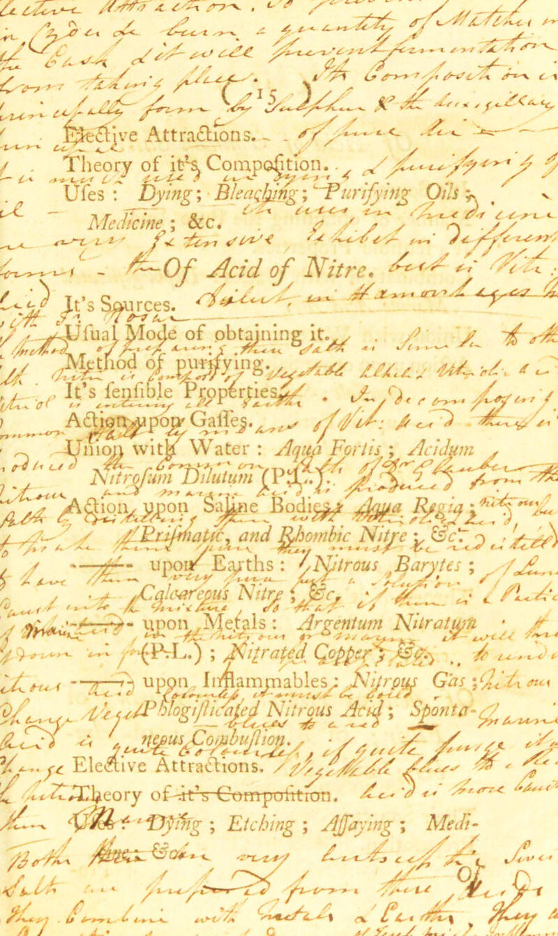 c>C<~ / /» c\ f/^S,*-. , C* A ***\ //'^y , ///<txJ {-<?£ *■ » -« '• *' - * '* ^ ££ /* V, ' &4 / X yf~.' s X, / ’s ,// Xi o <r>^ 7yi O-f o A. y*-v C l Zvs'0->-*-7 X^ / . . A X f * Jf/C^ ^ $? s£ Z« ,f.*-£<****, EteCtive Attractions. x^ t c c- t -ts—' ■— (-* „7}??y 2U^c2E5P°^??v< 1 Ufes : Dying; Bleating; ‘Purifying Oils ^ ^ - x. Medicine7; &c. ■n-'t t * ' y* 11 -i £ -i / ., -. 4 df/y %//, 2r Y* V C. y^yy - £—0f Acid of Nitre, t, v, • '-*.) Tf’c^r^c £*-<-/ it’s Sources. //VsUfual Mode of obtaining it.^ . A ^ ^ Aklr^ ^^mjpgy^x^ ///.c, «4-x. /. itv-• sr/u,*~/g~' . ^op'Gallej.^,., fftyiAi jfr <N~d dCt^.^ /i yzzt^r. Tr^.ukithrat^'< y V9 + Vr** -X# ) > i£raped Qofifef ^ ., Y x*. < zSi uv%}Jiwyjp},i%/Jdkm ?m - at”**' re: Elective Attractions. ///,s,/%yd & ' 'y ' y x .j • //i“ < r- ^ A ^ / /^.cit^l^eory of-atV Cttmpolition. Z-' <$/%ly ‘fjjrifig ; Etching ; djjaying ; MeJi- / z y A y ~ y y jy OL Q f< ,Vt * 4/*-* m A .* —- . , c?/ / / . .x '' <y'<u /> ' p y X I rv L C « t77+s\ r ..— y /J / . ^ / c *./yl^S. JL.\/ :-U. {//—.