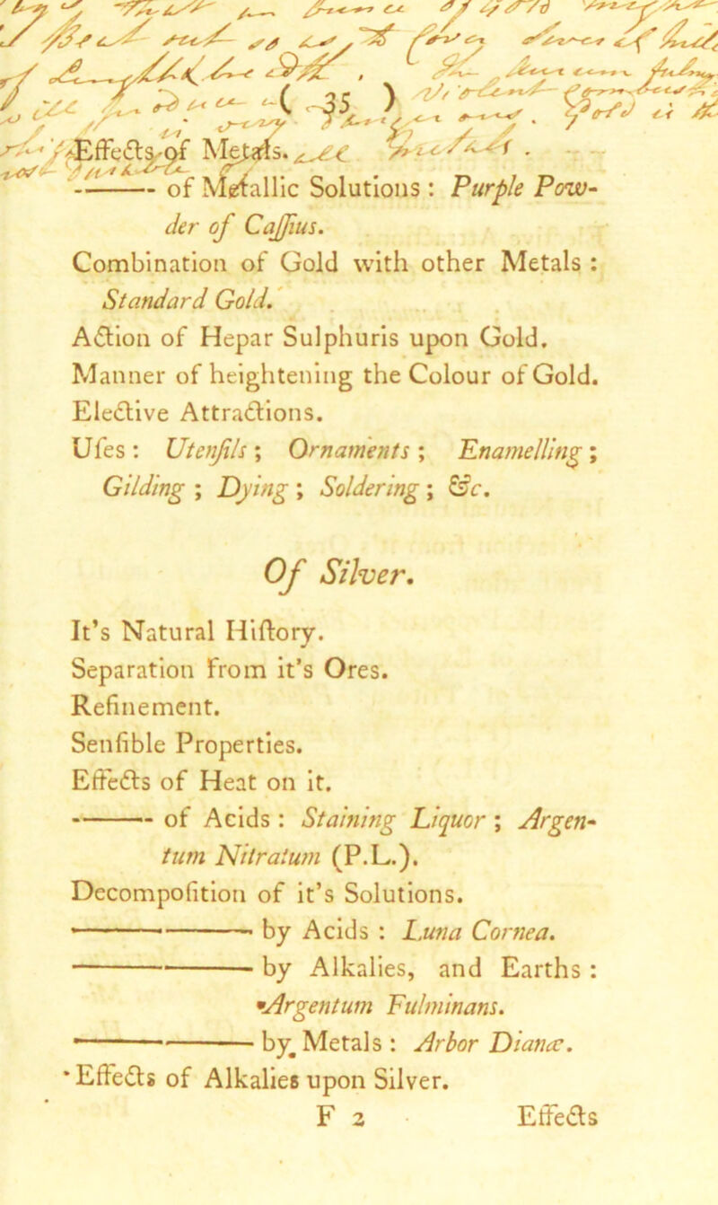 A <r-<- C^ -r ■*- *'* A-*'/ ^ ^ r/ fsz , A~ . * * r. lZ* zL~.**** y<J t-1 _ €-< * » .:■ £ 'A^'ffEfFc«5l^'^f Metals. fiic/z^i . of Metallic Solutions: Purple Pow- der of CaJJius. Combination of Gold with other Metals : Standard Gold. Action of Hepar Sulphuris upon Gold. Manner of heightening the Colour of Gold. Elective Attractions. Ufes: Utenjih ; Ornaments ; Enamelling ; Gilding ; Dying ; Soldering ; &c. Of Silver. It’s Natural Hiftory. Separation From it’s Ores. Refinement. Senfible Properties. EfFedts of Heat on it. of Acids : Staining Liquor ; Argen- tum Nitratum (P.L.). Decompofition of it’s Solutions. by Acids : Luna Cornea. by Alkalies, and Earths: •Argentum Fulminans. -— by. Metals : Arbor DiaticC. •EffeCts of Alkalies upon Silver.