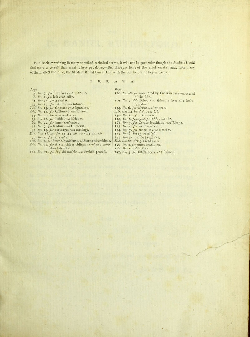 In a Book containing fo many thoufaiid technical terms, it will not be particular though the Student fiiould find more to correct than what is here put down.—But thefe are fome of the chief errata; and, fince many of them affeft the fenfe, the Student fhouid touch them with the pen before he begins to read. E R R r°ge 4 line 7. for flretches read unites it. 8. line I. for lefs read leffcr. 31. line 15. for 4 lead 6. 35. line 13. for futures read future. Ibid, line 13. 'for feparate readfeparates. Ibid, line 14. for (Ethmoid readClinoid. 54. line 20. for d. d. read z. z. 55. line 17. for Pubis read I fell ill m. 69. line 22. for inner read outer. 72. line 7. for Radius read Humerus. 97 line 15. for cartilages read cartilage. Ibid, lines 18, 19 for 44. 45. 46. read 54. 53. 56. 98. line 4. for ix. read X. 100. line I. for Sterno-hyoideus read Sterno-thyroideus. Ibid, line 22. for Arytenoideus obliquus read Arytenoi- deus lateralis A T A. Page no. lin. tilt, for uncovered by the (kin read uncovered of the dun. 119. line 7. dele Below the fpine is feen the Infra- fpinatus. 134. line 6. for where read whence. 146. line 14. for d.d. read b.b. 156. line 18. for iii. read iv. 459, line 2. from foot, for 188. read 186. 168. line 7, for Coraco brachialis read Biceps, 173. line 4. for Wl'ift read ere ft. 174. line 7. for cancellse read lamella. 175. line 6. for (g) read (9). 177. line 15. for (m) read («). Ibid, line 21. for (,;) read (m). 190 line 2. for outer read inner. Ibid, line 10. dele often