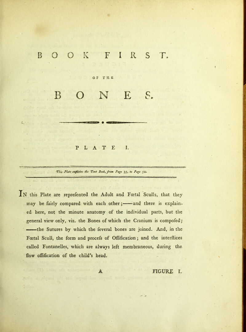 BOO F S T \r JV OF THE B O N E S. PLATE I. This Plate explains the Text Book, from Page 35, to Page 52. Xn this Plate are reprefented the Adult and Foetal Sculls, that they may be fairly compared with each other; and there is explain- ed here, not the minute anatomy of the individual parts, but the general view only, viz. the Bones of which the Cranium is compofed; -— the Sutures by which the feveral bones are joined. And, in the Foetal Scull, the form and procefs of Offification; and the interfaces called Fontanelles, which are always left membraneous, during the flow ofiification of the child’s head. A FIGURE t