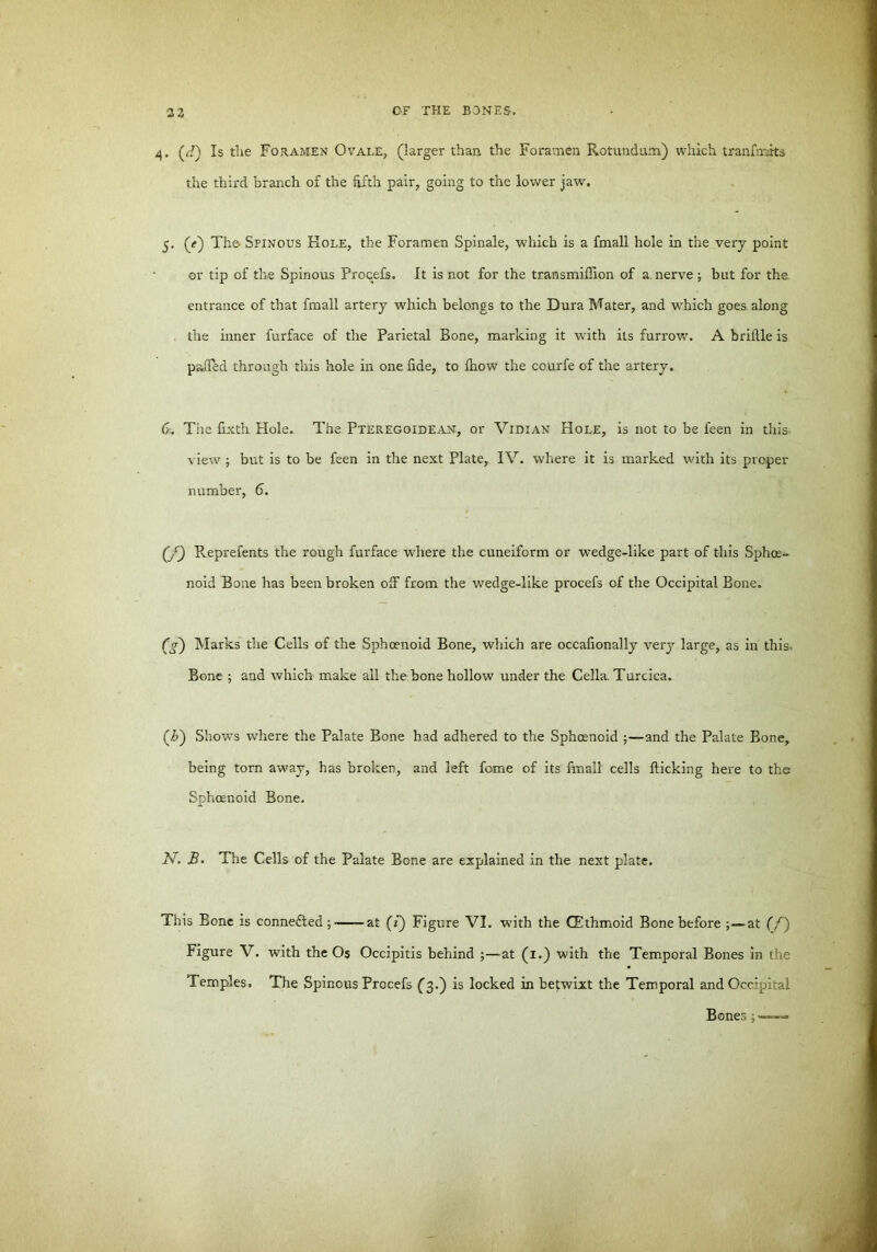 (J) Is the Foramen Ovale, (larger than the Foramen Rotund mm) which tranfrnits the third branch of the fifth pair, going to the lower jaw. 5. (<•) The- Spinous Hole, the Foramen Spinale, which is a fmall hole in the very point or tip of the Spinous Procefs. It is not for the transmiflion of a.nerve; but for the entrance of that fmall artery which belongs to the Dura Mater, and which goes along the inner furface of the Parietal Bone, marking it with its furrow. A bridle is palled through this hole in one fide, to fliow the courfe of the artery. 6. The fixth Hole. The Pteregoidean, or Vidian Hole, is not to be feen in this view ; but is to be feen in the next Plate, IV. where it is marked with its proper number, 6. (/) Reprefents the rough furface where the cuneiform or wedge-like part of this Sphos- noid Bone has been broken off from the wedge-like procefs of the Occipital Bone. (y) Marks the Cells of the Sphoenoid Bone, which are occafionally very large, as in this Bone ; and which make all the bone hollow under the Celia. Turcica. (£) Shows where the Palate Bone had adhered to the Sphoenoid ;—and the Palate Bone, being torn away, has broken, and left fome of its fmall cells flicking here to the Sphoenoid Bone. N. B. The Cells of the Palate Bone are explained in the next plate. This Bone is connected;- at (2) Figure VI. with the (Ethmoid Bone before ;— at (/) Figure V. with the Os Occipitis behind ;—at (1.) with the Temporal Bones in the Temples. The Spinous Procefs (3.) is locked in betwixt the Temporal and Occipital