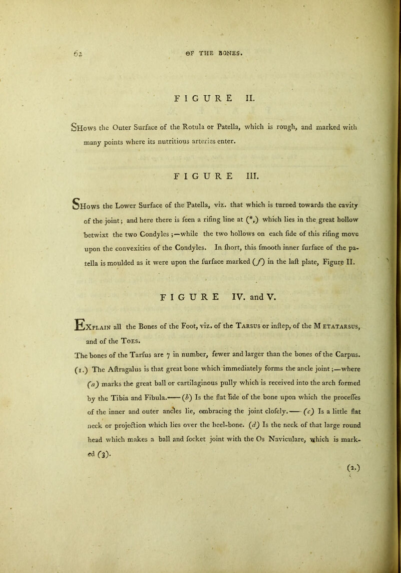 FIGURE II. Shows the Outer Surface of the Rotula or Patella, which is rough, and marked with many points where its nutritious arteries enter. FIGURE III. Shows the Lower Surface of the Patella, viz. that which is turned towards the cavity of the joint; and here there is feen a riling line at (*,) which lies in the great hollow hetwixt the two Condyles while the two hollows on each lide of this riling move upon the convexities of the Condyles. In lhort, this fmooth inner furface of the pa- tella is moulded as it were upon the furface marked (/) in the laft plate, Figure II. FIGURE IV. and V. .Explain all the Bones of the Foot, viz. of the Tarsus or inltep, of the M etatarsus, and of the Toes. The bones of the Tarfus are 7 in number, fewer and larger than the bones of the Carpus. (1.) The Altragalus is that great bone which immediately forms the ancle joint;—where (a) marks the great ball or cartilaginous pully which is received into the arch formed by the Tibia and Fibula. (£) Is the flat lide of the bone upon which the procelTes of the inner and outer ancles lie, embracing the joint clofely. (c) Is a little flat neck or projeflion which lies over the heel-bone, (d) Is the neck of that large round head which makes a ball and focket joint with the Os Naviculare, which is mark- ed O). 00