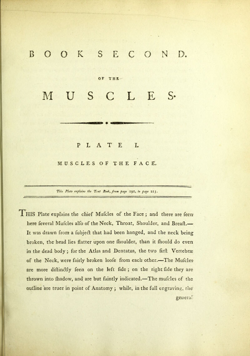 B O S E C OF THE M U S C L E S- PLATE L MUSCLES OF THE FACE. ‘This Plate explains the Text Book, from page 191, to page 213. r r v 1 HIS Plate explains the chief Mafcles of the Face ; and there are feen* 1 here feveral Mufcles alfo of the Neck, Throat, Shoulder, and Bread.— It was drawn from a fubjecl that had been hanged, and the neck being broken, the head lies flatter upon one fhoulder, than it fhould do even in the dead body; for the Atlas and Bentatus, the two firfl: Vertebrse of the Neck, were fairly broken loofe from each other.—The Mufcles- are more diftin&ly feen on the left fide ; on the right fide they are thrown into fhadow, and are but faintly indicated.—The mufcles of the outline are truer in point of Anatomy ; while, in the full engraving, the general-