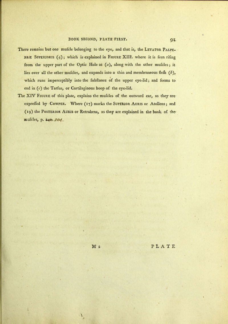 There remains but one mufcle belonging to the eye, and that is, the Levator Palpe- BRjE SupeRIORIS (4) ; which is explained in Figure Xllf. where it is feen riling from the upper part of the Optic Hole at (a), along with the other mufcles; it lies over all the other mufcles,. and expands into a thin and membraneous flelh (£), < which runs imperceptibly into the fubltance of the upper eye-lid; and feems to end in (V) the Tarfus, or Cartilaginous hoop of the eye-lid. The XIV Figure of this plate, explains the mufcles of the outward ear, as they are expreffed by Cowper. Where (17) marks the Superior Auris or Atollens; and (19) the Posterior Auris or Retrahens, as they are explained in the book of the- mufcles, p. £4 M a PLATE