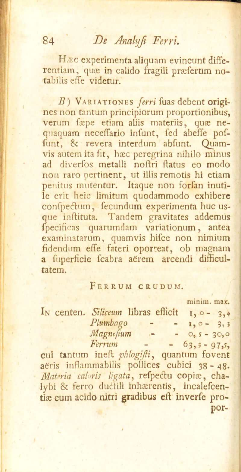 H.ec experimenta aliquam evincunt diffe- rentiam, quoe in calido fragili prccfertim no- tabilis effe videtur. B) Variationes ferri fuas debent origi- nes non tantum principiorum proportionibus, verum fepe etiam aliis materiis, quae ne- quaquam neceffario infunt, fed abeffe pof- funt, & revera interdum abfunt. Qiiam- vis autem ita iit, haec peregrina nihilo minus ad diverfos metalli noftri ftatus eo modo non raro pertinent, ut illis remotis hi etiam penitus mutentur. Itaque non forfan inuti- le erit heic limitum quodammodo exhibere confpeclum, fecundum experimenta huc us- que inftituta. Tandem gravitates addemus fpecificas quarumdam variationum, antea examinatarum, quamvis hifce non nimium fidendum effe fateri oporteat, ob magnam a fiiperficie fcabra afirem arcendi difficul- tatem. Ferrum crudum. niimm. max. In centen. Siliceum libras efficit i,°- 3,4 Plumbago - - 1,0-3,} Mngnefium -0,5- 30,0 Ferrum - - 63,5-97,5, cui tantum ineft phlogifti, quantum fovent aeris inflamrnabilis pollices cubici 38-48- Materia cah>ris ligata^ refpedlu copiae, cha- lybi & ferro ductili inhaerentis, incalefcen- tise cum acido nitri gradibus eit inverfe pro- por-
