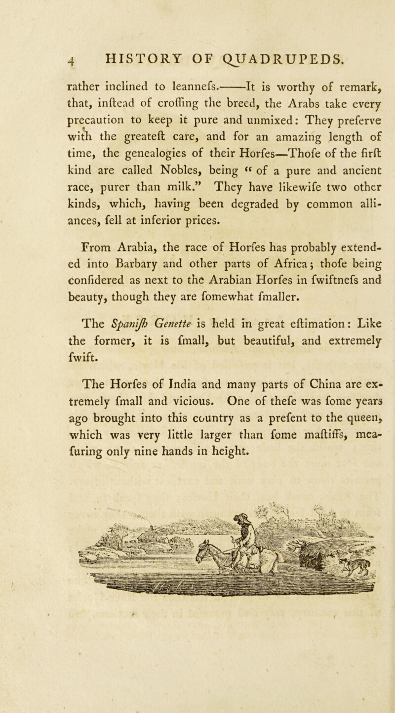 rather inclined to leannefs. It is worthy of remark, that, inftead of eroding the breed, the Arabs take every precaution to keep it pure and unmixed: They preferve with the greateft care, and for an amazing length of time, the genealogies of their Horfes—Thofe of the firft kind are called Nobles, being « of a pure and ancient race, purer than milk.” They have likewife two other kinds, which, having been degraded by common alli- ances, fell at inferior prices. From Arabia, the race of Horfes has probably extend- ed into Barbary and other parts of Africa; thofe being confidered as next to the Arabian Horfes in fwiftnefs and beauty, though they are fomewhat fmaller. The Spanifh Genette is held in great eftimation: Like the former, it is fmall, but beautiful, and extremely fwift. The Horfes of India and many parts of China are ex- tremely fmall and vicious. One of thefe was fome years ago brought into this country as a prefent to the queen, which was very little larger than fome maftiffs, mea- furing only nine hands in height.