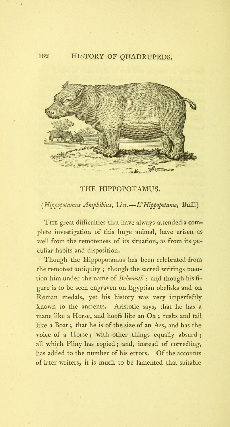 THE HIPPOPOTAMUS. {^Hippopotamus Amphihius^ Lin.—UHippopotamey BufF.) The great difficulties that have always attended a com- plete investigation of this huge animal, have arisen as v/ell from the remoteness of its situation, as from its pe- culiar habits and disposition. Though the Hippopotamus has been celebrated from the remotest antiquity j though the sacred writings men- tion him under the name of Behemoth ; and though his fi- gure is to be seen engraven on Egyptian obelisks and on Roman medals, yet his history was very imperfedtly known to the ancients. Aristotle says, that he has a mane like a Horse, and hoofs like an Ox j tusks and tail like a Boar •, that he is of the size of an Ass, and has the voice of a Horse; with other things equally absurd ; all which Pliny has copied; and, instead of correcting, has added to the number of his errors. Of the accounts of later writers, it is much to be lamented that suitable