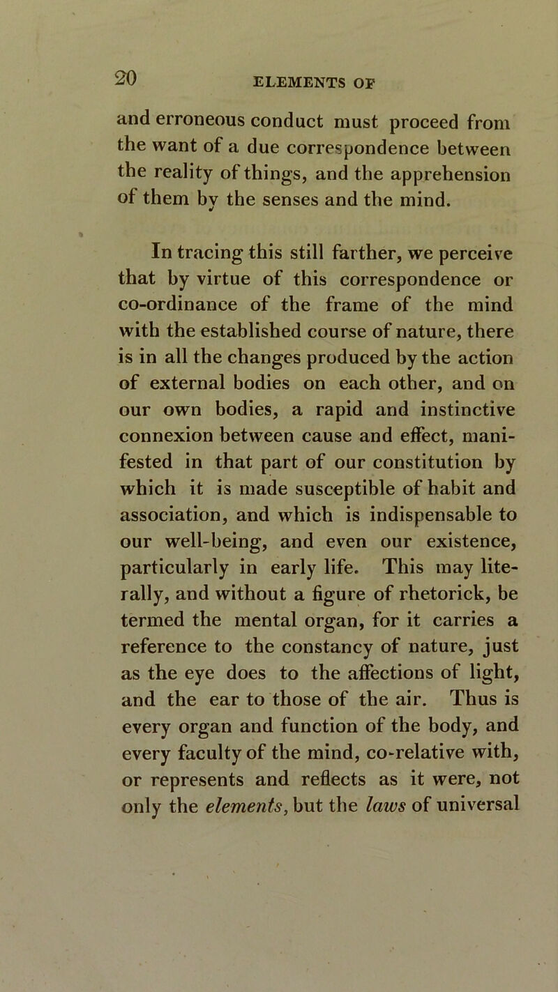 and erroneous conduct must proceed from the want of a due correspondence between the reality of things, and the apprehension of them bv the senses and the mind. •/ In tracing this still farther, we perceive that by virtue of this correspondence or co-ordinance of the frame of the mind with the established course of nature, there is in all the changes produced by the action of external bodies on each other, and on our own bodies, a rapid and instinctive connexion between cause and effect, mani- fested in that part of our constitution by which it is made susceptible of habit and association, and which is indispensable to our well-being, and even our existence, particularly in early life. This may lite- rally, and without a figure of rhetorick, be termed the mental organ, for it carries a reference to the constancy of nature, just as the eye does to the affections of light, and the ear to those of the air. Thus is every organ and function of the body, and every faculty of the mind, co-relative with, or represents and reflects as it were, not only the elements, but the laws of universal
