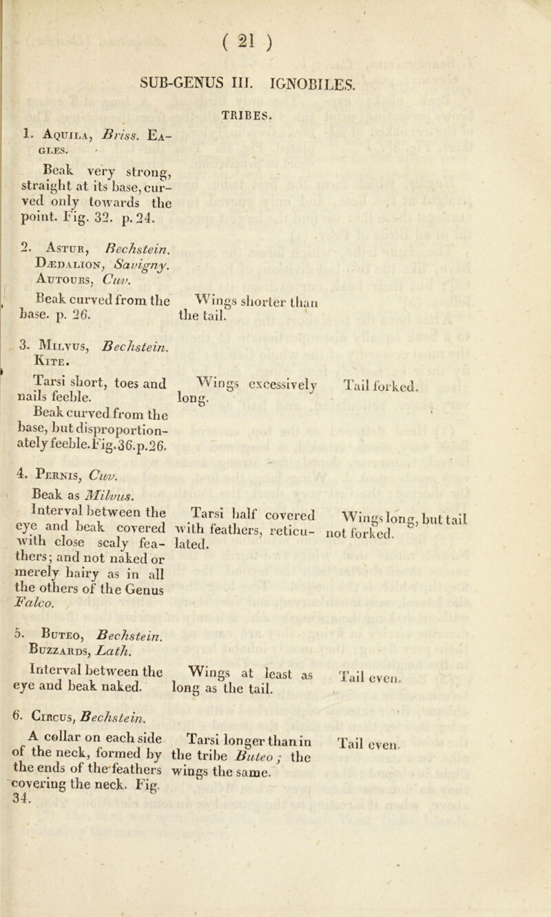 ( 21 ) SUB-GENUS III. IGNOBILES. 1. Aquila, R?'iss. JEa- GEES. Beak very strong, straight at its base, cur- ved only towards the point. Fig. 32. p. 24. 2. Astur, Rechstein. D^edalion, Savigny. Autoues, Cuv. Beak curved from the base. p. 26. 3. Milvus, Rechstein. Kite. Tarsi short, toes and nails feeble. Beak curved from the base, but disproportion- ately feeble. Fig. 3 6. p. 2 6. 4. Pernis, Cuv. Beak as Milvus. Interval between the eye and beak covered with close scaly fea- thers; and not naked or merely hairy as in all the others of the Genus Falco. 5. Buteo, Rechstein. Buzzards, Lath. Interval between the eye and beak naked. 6. Circus, Rechstein. A collar on each side of the neck, formed by the ends of the feathers covering the neck. Fig. 34. TRIBES. Wings shorter than the tail. Wings excessively long. Tarsi half covered with feathers, reticu- lated. Wings at least as long as the tail. Tarsi longer than in the tribe Ruteo; the wings the same. Tail forked. Wings long, but tail not forked. Tail even. Tail even