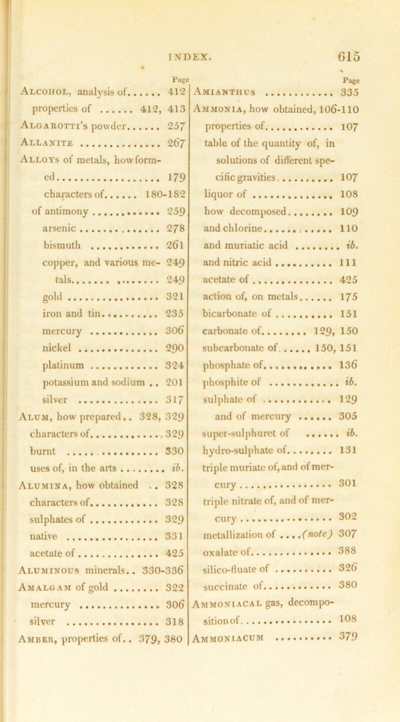 Page Alcohol, analysis of 412 properties of 412, 413 Algarotti’s powder 257 Allanite 267 Alloys of metals, how form- ed 179 characters of 180-182 of antimony 259 arsenic 278 bismuth 261 copper, and various me- 249 tals 249 gold 321 iron and tin 235 mercury 306 nickel 290 platinum 324 potassium and sodium .. 201 silver 317 Alum, how prepared.. 328, 329 characters of 329 burnt 330 uses of, in the arts ib. Alumina, how obtained .. 328 characters of 328 sulphates of 329 native 331 acetate of 425 Aluminous minerals.. 330-336 Amalgam of gold 322 mercury 306 silver 318 Amber, properties of.. 379> 380 Page Amianthus 335 Ammonia, how obtained, 106-110 properties of 107 table of the quantity of, in solutions of different spe- cific gravities 107 liquor of 108 how decomposed 109 and chlorine 110 and muriatic acid ib. and nitric acid Ill acetate of 425 action of, on metals 175 bicarbonate of 151 carbonate of 129, 150 subcarbonate of 150, 151 phosphate of. 136 phosphite of ib. sulphate of 129 and of mercury 305 super-sulphuret of ib. hydro-sulphate of 131 triple muriate of, and of mer- cury 301 triple nitrate of, and of mer- metallization of ....(note) 307 oxalate of 388 silico-fluate of 326 succinate of 380 Ammoniacal gas, decompo- sition of 198 Ammoniacum 379