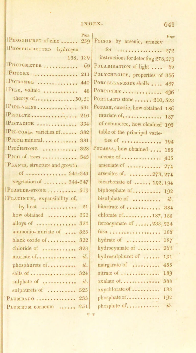 Page IPhosphuret of zinc 239 1 Phos ph u R etted hyd rogen 138, 139 I Photo meter 69 iPhtore 211 IPlCROMEL 440 i Pile, voltaic 48 theory of 50,51 I Pipe-veins 531 IPisolite 210 IPlSTACITE 334 IPit-coal, varieties of 382 1 Pitch mineral 381 IPitchstone 328 Pith of trees 343 , I Plants, structure and growth of 341-343 vegetation of 344-347 I Plaster-stone 519 ’Platinum, expansibility of, by heat 21 how obtained 322 alloys of 324 iammonio-muriate of .... 323 black oxide of 322 chloride of 323 muriate of ib. phosphurets of ib. salts of 324 sulphate ot ib. sulphurets of 323 Plumbago 233 Plumbum corneum 251 Page Poison by arsenic, remedy for 272 instructions fordetecting 278,279 Polarisation of light .... 62 Polychroite, properties of 366 Porcellaneous shells .... 457 Porphyry 495 Portland stone 210, 523 Potash, caustic, how obtained ] 86 muriate of j of commerce, how obtained 193 table ol the principal varie- ties of 194 Potassa, how obtained .... 185 acetate of 405 arseniate of 274 arsenites of 273, 274 bicarbonate of 192, 194 biphosphate of 192 bisulphate of ib. bitartrate of 384 chlorate of 187, 188 ferrocyanate of 233, 234 fusa 186 hydrate of 187 hydrocyanate of 264 hydrosulphurct of 191 margarate of 455 nitrate of 189 oxalate of 388 oxychlorate of 188 phosphate of 192 phosphite of ib.