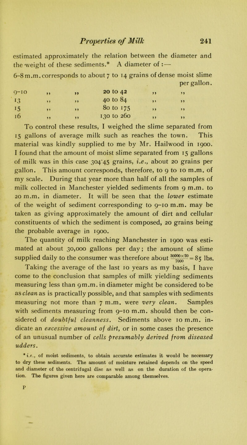 estimated approximately the relation between the diameter and the-weight of these sediments.* A diameter of : — 6-8 m.m. corresponds to about 7 to 14 grains of dense moist slime per gallon. 9-10 )» >> 20 tO 42 > } y y 13 J > 40 to 84 y * 15 >» 80 to 175 y y y y 16 > > J > 130 to 260 5 y y y To control these results, I weighed the slime separated from 15 gallons of average milk such as reaches the town. This material was kindly supplied to me by Mr. Hailwood in 1900. I found that the amount of moist slime separated from 15 gallons of milk was in this case 304*45 grains, i.e., about 20 grains per gallon. This amount corresponds, therefore, to 9 to 10 m.m. of my scale. During that year more than half of all the samples of milk collected in Manchester yielded sediments from 9 m.m. to 20 m.m. in diameter. It will be seen that the lower estimate of the weight of sediment corresponding to 9-10 m.m. may be taken as giving approximately the amount of dirt and cellular constituents of which the sediment is composed, 20 grains being the probable average in 1900. The quantity of milk reaching Manchester in 1900 was esti- mated at about 30,000 gallons per day; the amount of slime supplied daily to the consumer was therefore about 30(i^— = 85 lbs. Taking the average of the last 10 years as my basis, I have come to the conclusion that samples of milk yielding sediments measuring less than 9m.m. in diameter might be considered to be as clean as is practically possible, and that samples with sediments measuring not more than 7 m.m. were very clean. Samples with sediments measuring from 9-10 m.m. should then be con- sidered of doubtful cleanness. Sediments above 10 m.m. in- dicate an excessive amount of dirt, or in some cases the presence of an unusual number of cells presumably derived from diseased udders. * i.e., of moist sediments, to obtain accurate estimates it would be necessary to dry these sediments. The amount of moisture retained depends on the speed and diameter of the centrifugal disc as well as on the duration of the opera- tion. The figures given here are comparable among themselves. P