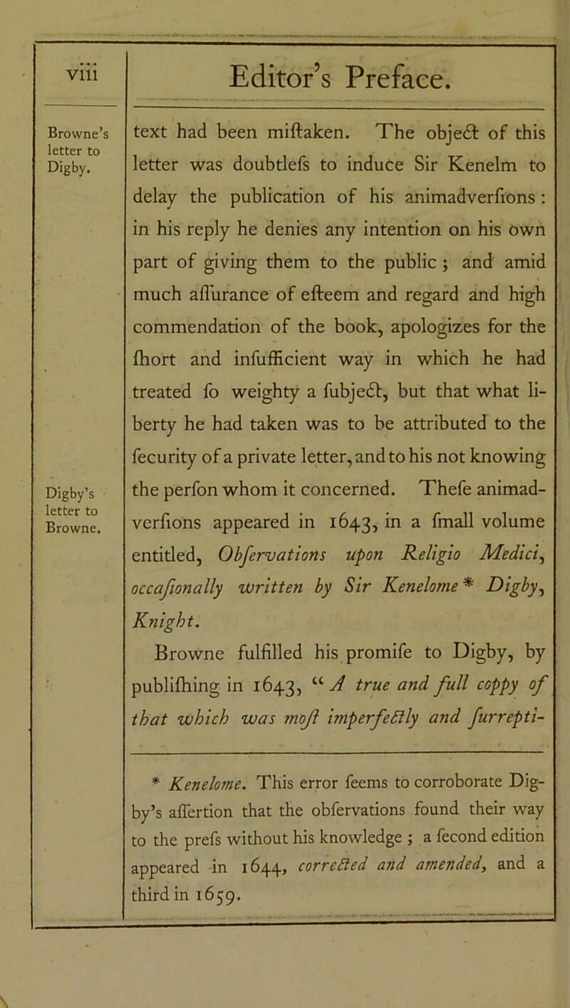Browne’s letter to Digby. Digby’s letter to Browne. text had been miftaken. The objedf of this letter was doubtlefs to induce Sir Kenelm to delay the publication of his animadverfions : in his reply he denies any intention on his own part of giving them to the public; and amid much aflurance of efteem and regard and high commendation of the book, apologizes for the fhort and infufficient way in which he had treated fo weighty a fubjedt, but that what li- berty he had taken was to be attributed to the fecurity of a private letter, and to his not knowing the perfon whom it concerned. Thefe animad- verfions appeared in 1643, in a fmall volume entitled, Obfervations upon Religio Medici, occafionally written by Sir Kenelome* Digby, Knight. Browne fulfilled his promife to Digby, by publifhing in 1643, “ A true and full coppy of that which was mofl imperfectly and furrepti- * Kenelome. This error feems to corroborate Dig- by’s aflertion that the obfervations found their way to the prefs without his knowledge ; a fecond edition appeared in 1644, cor re tied and amended, and a third in 1659.