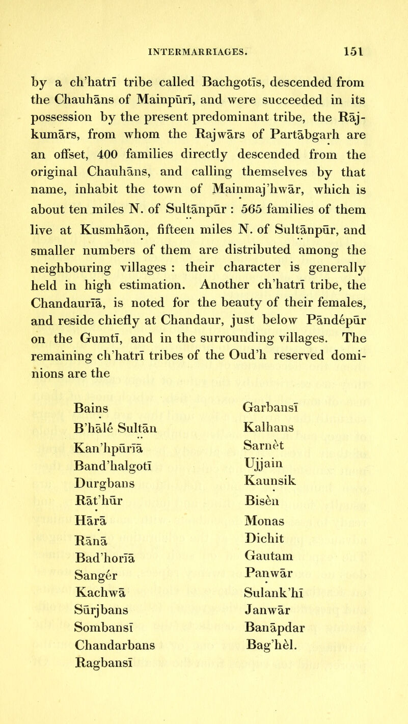by a ch’hatri tribe called Bachgotls, descended from the Chauhans of Mainpurl, and were succeeded in its possession by the present predominant tribe, the Raj- kumars, from whom the Raj wars of Partabgarh are an offset, 400 families directly descended from the original Chauhans, and calling themselves by that name, inhabit the town of Mainmaj’hwar, which is about ten miles N. of Sultanpur : 565 families of them live at Kusmhaon, fifteen miles N. of Sultanpur, and smaller numbers of them are distributed among the neighbouring villages : their character is generally held in high estimation. Another ch’hatri tribe, the Chandaurla, is noted for the beauty of their females, and reside chiefly at Chandaur, just below Pandepur on the Gumtl, and in the surrounding villages. The remaining ch’hatri tribes of the Oud’h reserved domi- nions are the Bains GarbansI B’hale Sultan Kalhans Kan’hpurla Sarnet Band’halgotl Ujjain Durgbans Kaunsik Rat’hur Bisen Hara Monas Ran a Dichit Bad’horla Gautam Sanger Panwar Kachwa Sulank’hl Surjbans Jan war SombansI Banapdar Chandarbans Bag’hel. RagbansI