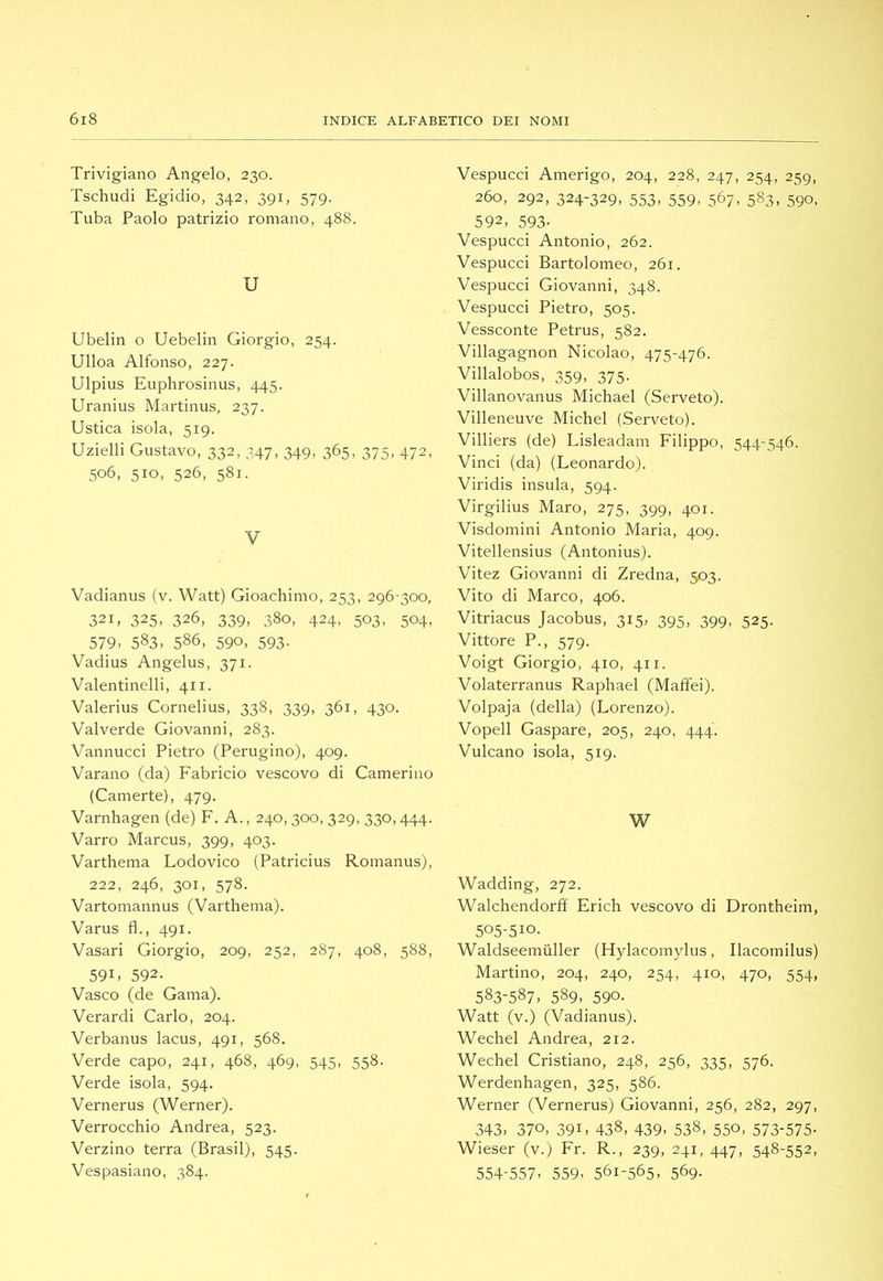 Trivigiano Angelo, 230. Tschudi Egidio, 342, 391, 579. Tuba Paolo patrizio romano, 488. U Ubelin o Uebelin Giorgio, 254. Ulloa Alfonso, 227. Ulpius Euphrosinus, 445. Uranius Martinus, 237. Ustica isola, 519. Uzielli Gustavo, 332, 347, 349, 365, 375, 472, 506, 510, 526, 581. V Vadianus (v. Watt) Gioachimo, 253, 296-300, 321, 325, 326, 339, 380, 424, 503, 504, 579, 583, 586, 590, 593. Vadius Angelus, 371. Valentinelli, 411. Valerius Cornelius, 338, 339, 361, 430. Vaiverde Giovanni, 283. Vannucci Pietro (Perugino), 409. Varano (da) Fabricio vescovo di Camerino (Camerte), 479. Varnhagen (de) F. A., 240, 300, 329, 330,444. Varrò Marcus, 399, 403. Varthema Lodovico (Patricius Romanus), 222, 246, 301, 578. Vartomannus (Varthema). Varus fl., 491. Vasari Giorgio, 209, 252, 287, 408, 588, 591, 592. Vasco (de Gama). Verardi Carlo, 204. Verbanus lacus, 491, 568. Verde capo, 241, 468, 469, 545, 558. Verde isola, 594. Vernerus (Werner). Verrocchio Andrea, 523. Verzino terra (Brasil), 545. Vespasiano, 384. Vespucci Amerigo, 204, 228, 247, 254, 259, 260, 292, 324-329, 553, 559, 567, 583, 590, 592, 593- Vespucci Antonio, 262. Vespucci Bartolomeo, 261. Vespucci Giovanni, 348. Vespucci Pietro, 505. Vessconte Petrus, 582. Villagagnon Nicolao, 475-476. Villalobos, 359, 375. Villanovanus Michael (Serveto). Villeneuve Michel (Serveto). Villiers (de) Lisleadam Filippo, 544-546. Vinci (da) (Leonardo). Viridis insula, 594. Virgilius Maro, 275, 399, 401. Visdomini Antonio Maria, 409. Vitellensius (Antonius). Vitez Giovanni di Zredna, 503. Vito di Marco, 406. Vitriacus Jacobus, 315, 395, 399, 525. Vittore P., 579. Voigt Giorgio, 410, 411. Volaterranus Raphael (Maffei). Volpaja (della) (Lorenzo). Vopell Gaspare, 205, 240, 444. Vulcano isola, 519. W Wadding, 272. Walchendorff Erich vescovo di Drontheim, 505-510. Waldseemùller (Hylacomylus, Ilacomilus) Martino, 204, 240, 254, 410, 470, 554, 583-587. 589, 590. Watt (v.) (Vadianus). Wechel Andrea, 212. Wechel Cristiano, 248, 256, 335, 576. Werdenhagen, 325, 586. Werner (Vernerus) Giovanni, 256, 282, 297, 343. 370, 391. 438, 439. 538, 550, 573-575- Wieser (v.) Fr. R., 239, 241, 447, 548-552, 554-557. 559. 561-565. 569-