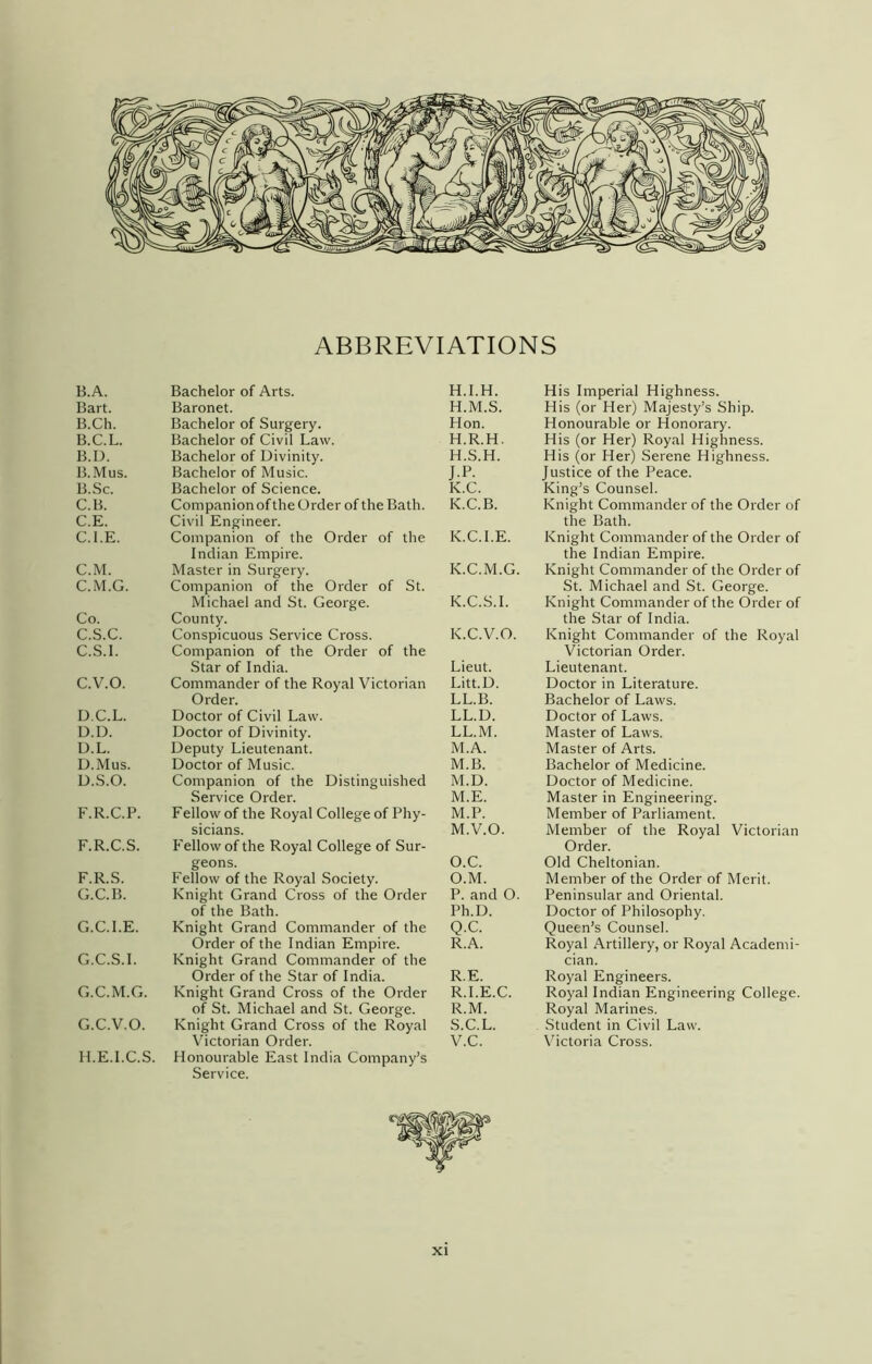 ABBREVIATIONS B.A. Bart. B.Ch. B.C.L. B.D. B.Mus. B. Sc. C. B. C.E. C.I.E. C.M. C.M.G. Co. C.S.C. C.S.I. C. V.O. D. C.L. D.D. D.L. D.Mus. D.S.O. F.R.C.P. F.R.C.S. F. R.S. G. C.B. G.C.I.E. G.C.S.I. G.C.M.G. G.C.V.O. Bachelor of Arts. Baronet. Bachelor of Surgery. Bachelor of Civil Law. Bachelor of Divinity. Bachelor of Music. Bachelor of Science. Companion of the Order of the Bath. Civil Engineer. Companion of the Order of the Indian Empire. Master in Surgery. Companion of the Order of St. Michael and St. George. County. Conspicuous Service Cross. Companion of the Order of the Star of India. Commander of the Royal Victorian Order. Doctor of Civil Law. Doctor of Divinity. Deputy Lieutenant. Doctor of Music. Companion of the Distinguished Service Order. Fellow of the Royal College of Phy- sicians. Fellow of the Royal College of Sur- geons. Fellow of the Royal Society. Knight Grand Cross of the Order of the Bath. Knight Grand Commander of the Order of the Indian Empire. Knight Grand Commander of the Order of the Star of India. Knight Grand Cross of the Order of St. Michael and St. George. Knight Grand Cross of the Royal Victorian Order. Honourable East India Company’s Service. H.I.H. His Imperial Highness. H.M.S. His (or Her) Majesty’s Ship. Hon. Honourable or Honorary. H.R.H. His (or Her) Royal Highness. H.S.H. His (or Her) Serene Highness. J.P. Justice of the Peace. K.C. King’s Counsel. K.C.B. Knight Commander of the Order of the Bath. K.C.I.E. Knight Commander of the Order of the Indian Empire. K.C.M.G. Knight Commander of the Order of St. Michael and St. George. K.C.S.I. Knight Commander of the Order of the Star of India. K.C.V.O. Knight Commander of the Royal Victorian Order. Lieut. Lieutenant. Litt.D. Doctor in Literature. LL.B. Bachelor of Laws. LL.D. Doctor of Laws. LL.M. Master of Laws. M.A. Master of Arts. M.B. Bachelor of Medicine. M.D. Doctor of Medicine. M.E. Master in Engineering. M.P. Member of Parliament. M.V.O. Member of the Royal Victorian Order. O.C. Old Cheltonian. O.M. Member of the Order of Merit. P.and O. Peninsular and Oriental. Ph.D. Doctor of Philosophy. Q.C. Queen’s Counsel. R.A. Royal Artillery, or Royal Academi- cian. R.E. Royal Engineers. R.I.E.C. Royal Indian Engineering College. R.M. Royal Marines. S.C.L. Student in Civil Law. V.C. Victoria Cross.