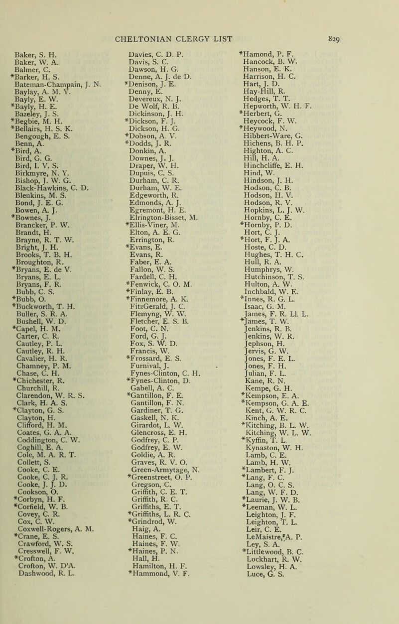 Baker, S. H. Baker, W. A. Balmer, C. ♦Barker, H. S. Bateman-Champain, J. N. Bay lay, A. M. Y. Bayly, E. W. ♦Bayly, H. E. Bazeley, J. S. ♦Begbie, M. H. ♦Bellairs, H. S. K. Bengough, E. S. Benn, A. ♦Bird, A. Bird, G. G. Bird, I. V. S. Birkmyre, N. Y. Bishop, J. W. G. Black-Hawkins, C. D. Blenkins, M. S. Bond, J. E. G. Bowen, A. J. ♦Bownes, J. Brancker, P. W. Brandt, H. Brayne, R. T. W. Bright, J. H. Brooks, T. B. H. Broughton, R. ♦Bryans, E. de V. Bryans, E. L. Bryans, F. R. Bubb, C. S. ♦Bubb, O. ♦Buckworth, T. H. Buller, S. R. A. Bushell, W. D. ♦Capel, H. M. Carter, C. R. Cautley, P. L. Cautley, R. H. Cavalier, H. R. Chamney, P. M. Chase, C. H. ♦Chichester, R. Churchill, R. Clarendon, W. R. S. Clark, H. A. S. ♦Clayton, G. S. Clayton, H. Clifford, H. M. Coates, G. A. A. Coddington, C. W. Coghill, E. A. Cole, M. A. R. T. Collett, S. Cooke, C. E. Cooke, C. J. R. Cooke, J. J. D. Cookson, O. ♦Corbyn, H. F. ♦Corfield, W. B. Covey, C. R. Cox, C. \V. Coxwell-Rogers, A. M. ♦Crane, E. S. Crawford, W. S. Cresswell, F. W. ♦Crofton, A. Crofton, W. D’A. Dashwood, R. L. Davies, C. D. P. Davis, S. C. Dawson, H. G. Denne, A. J. de D. ♦Denison, J. E. Denny, E. Devereux, N. J. De Wolf, R. B. Dickinson, J. H. ♦Dickson, F. J. Dickson, H. G. ♦Dobson, A. V. ♦Dodds, J. R. Donkin, A. Downes, J. J. Draper, W. H. Dupuis, C. S. Durham, C. R. Durham, W. E. Edgeworth, R. Edmonds, A. J. Egremont, H. E. Elrington-Bisset, M. ♦Ellis-Viner, M. Elton, A. E. G. Errington, R. ♦Evans, E. Evans, R. Faber, E. A. Fallon, W. S. Fardell, C. H. ♦Fenwick, C. O. M. ♦Finlay, E. B. ♦Finnemore, A. K. FitzGerald, J. C. Flemyng, W. W. Fletcher, E. S. B. Foot, C. N. Ford, G. J. Fox, S. W. D. Francis, W. ♦Frossard, E. S. Furnival, J. Fynes-Clinton, C. H. ♦Fynes-Clinton, D. Gabell, A. C. ♦Gantillon, F. E. Gantillon, F. N. Gardiner, T. G. Gaskell, N. K. Girardot, L. W. Glencross, E. H. Godfrey, C. P. Godfrey, E. W. Goldie, A. R. Graves, R. V. O. Green-Armytage, N. ♦Greenstreet, O. P. Gregson, C. Griffith, C. E. T. Griffith, R. C. Griffiths, E. T. ♦Griffiths, L. R. C. ♦Grindrod, W. Haig, A. Haines, F. C. Haines, F. W. ♦Haines, P. N. Hall, H. Hamilton, H. F. ♦Hammond, V. F. ♦Hamond, P. F. Hancock, B. W. Hanson, E. K. Harrison, H. C. Hart, J. D. Hay-Hill, R. Hedges, T. T. Hepworth, W. H. F. ♦Herbert, G. Heycock, F. W. ♦Heywood, N. Hibbert-Ware, G. Hichens, B. H. P. Highton, A. C. Hill, H. A. Hinchcliffe, E. H. Hind, W. Hindson, J. H. Hodson, C. B. Hodson, H. V. Hodson, R. V. Hopkins, L. J. W. Hornby, C. E. ♦Hornby, P. D. Hort, C. J. ♦Hort, F. J. A. Hoste, C. D. Hughes, T. H. C. Hull, R. A. Humphrys, W. Hutchinson, T. S. Hulton, A. W. Inchbald, W. E. ♦innes, R. G. L. Isaac, G. M. James, F. R. LI. L. ♦James, T. W. Jenkins, R. B. Jenkins, W. R. Jephson, H. Jervis, G. W. Jones, F. E. L. Jones, F. H. Julian, F. L. Kane, R. N. Kempe, G. H. ♦Kempson, E. A. ♦Kempson, G. A. E. Kent, G. W. R. C. Kinch, A. E. ♦Kitching, B. L. W. Kitching, W. L. W. ♦Kyffin, T. L Kynaston, W. H. Lamb, C. E. Lamb, H. W. ♦Lambert, F. J. ♦Lang, F. C. Lang, O. C. S. Lang, W. F. D. ♦Laurie, J. W. B. ♦Leeman, W. L. Leighton, J. F. Leighton, T. L. Leir, C. E. LeMaistre,*A. P. Ley, S. A. *Littlewood, B. C. Lockhart, R. W. Lowsley, H. A. Luce, G. S.
