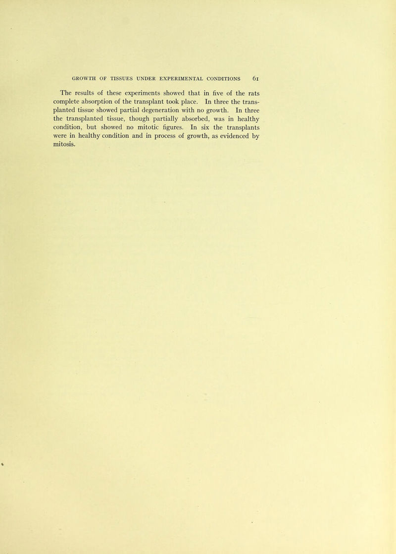 The results of these experiments showed that in five of the rats complete absorption of the transplant took place. In three the trans- planted tissue showed partial degeneration with no growth. In three the transplanted tissue, though partially absorbed, was in healthy condition, but showed no mitotic figures. In six the transplants were in healthy condition and in process of growth, as evidenced by mitosis.