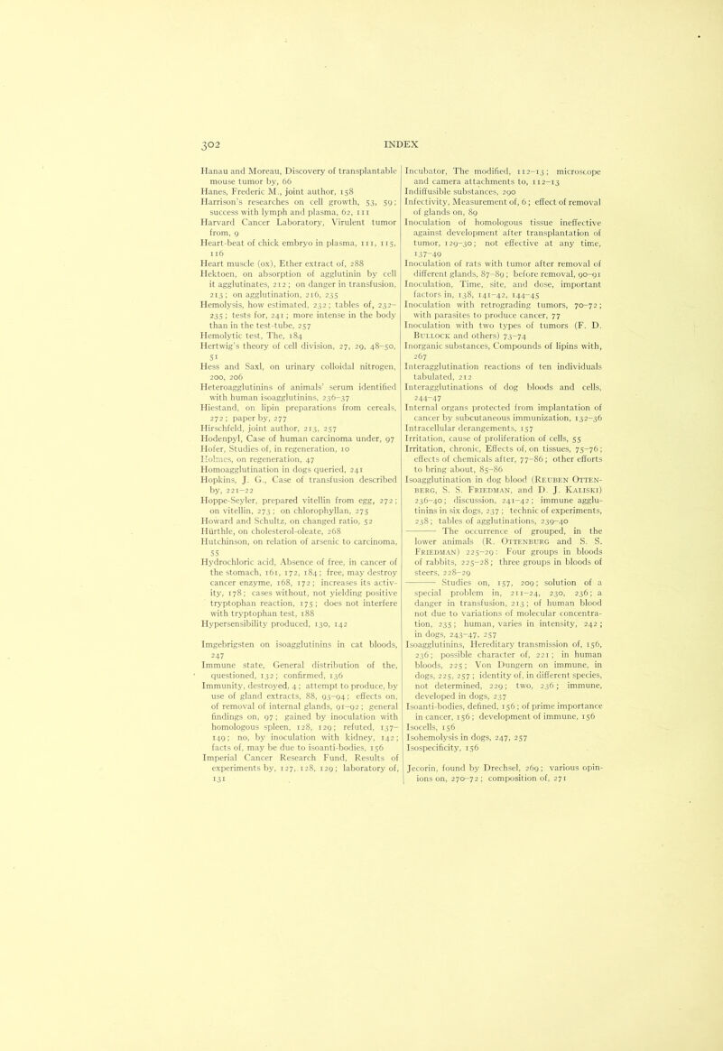 Hanau and Moreau, Discovery of transplantable mouse tumor by, 66 Hanes, Frederic M., joint author, 158 Harrison’s researches on cell growth, S3. 591 success with lymph and plasma, 62, in Harvard Cancer Laboratory, Virulent tumor from, 9 Heart-beat of chick embryo in plasma, in, 115, 116 Heart muscle (ox). Ether extract of, 288 Hcktoen, on absorption of agglutinin by cell it agglutinates, 212 ; on danger in transfusion, 213; on agglutination, 216, 235 Hemolysis, how estimated, 232; tables of, 232- 235 : tests for, 241 ; more intense in the body than in the test-tube, 257 Hemolytic test, The, 184 Hertwig’s theory of cell division, 27, 29, 48-50, SI Hess and Saxl, on urinary colloidal nitrogen, 200, 206 Heteroagglutinins of animals’ serum identified with human isoagglutinins, 236-37 Hiestand, on lipin preparations from cereals, 272 ; paper by, 277 Hirschfeld, joint author, 213, 257 Hodenpyl, Case of human carcinoma under, 97 Hofer, Studies of, in regeneration, 10 Holmes, on regeneration, 47 Homoagglutination in dogs queried, 241 Hopkins, J. G., Case of transfusion described by, 221-22 Hoppe-Seyler, prepared vitellin from egg, 272; on vitellin, 273; on chlorophyllan, 275 Howard and Schultz, on changed ratio, 52 Hurthle, on cholesterol-oleate, 268 Hutchinson, on relation of arsenic to carcinoma, 55 Hydrochloric acid. Absence of free, in cancer of the stomach, 161, 172, 184; free, may destroy cancer enzyme, 168, 172; increases its activ- ity, 178; cases without, not yielding positive tryptophan reaction, 175; does not interfere with tryptophan test, 188 Hypersensibility produced, 130, 142 Imgebrigsten on isoagglutinins in cat bloods, 247 Immune state. General distribution of the, questioned, 132; confirmed, 136 Immunity, destroyed, 4; attempt to produce, by use of gland extracts, 88, 93-94; effects on, of removal of internal glands, 91-92 ; general findings on, 97 ; gained by inoculation with homologous spleen, 128, 129; refuted, 137- 149; no, by inoculation with kidney, 142; facts of, may be due to isoanti-bodies, 156 Imperial Cancer Research Fund, Results of experiments by, 127,.128, 129; laboratory of, 131 Incubator, The modified, 112-13; microscope and camera attachments to, 112-13 Indiffusible substances, 290 Infectivity, Measurement of, 6; effect of removal of glands on, 89 Inoculation of homologous tissue ineffective against development after transplantation of tumor, 129-30; not effective at any time, 137-49 Inoculation of rats with tumor after removal of different glands, 87-89 ; before removal, 90-91 Inoculation, Time, site, and dose, important factors in, 138, 141-42, 144-4S Inoculation with retrograding tumors, 70-72; with parasites to produce cancer, 77 Inoculation with two types of tumors (F. D. Bullock and others) 73-74 Inorganic substances. Compounds of lipins with, 267 Interagglutination reactions of ten individuals tabulated, 212 Interagglutinations of dog bloods and cells, 244-47 Internal organs protected from implantation of cancer by subcutaneous immunization, 132-36 Intracellular derangements, 157 Irritation, cause of proliferation of cells, 55 Irritation, chronic, Effects of, on tissues, 75-76; effects of chemicals after, 77-86; other efforts to bring about, 85-86 Isoagglutination in dog blood (Reuben Otten- BERG, S. S. Friedman, and D. J. Kaliski) 236-40; discussion, 241-42; immune agglu- tinins in six dogs, 237 ; technic of experiments, 238; tables of agglutinations, 239-40 The occurrence of grouped, in the lower animals (R. Ottenburg and S. S. Friedman) 225-29: Four groups in bloods of rabbits, 225-28; three groups in bloods of steers, 228-29 Studies on, 157, 209; solution of a special problem in, 211-24, 230, 236; a danger in transfusion, 213; of human blood not due to variations of molecular concentra- tion, 235; human, varies in intensity, 242 ; in dogs, 243-47, 257 Isoagglutinins, Hereditary transmission of, 156, 236; possible character of, 221; in human bloods, 225; Von Dungern on immune, in dogs, 225, 257 ; identity of, in different species, not determined, 229; two, 236; immune, developed in dogs, 237 Isoanti-bodies, defined, 156; of prime importance in cancer, 156; development of immune, 156 Isocells, 156 Isohemolysis in dogs, 247, 257 Isospecificity, 156 Jecorin, found by Drechsel, 269; various opin- ions on, 270-72 ; composition of, 271