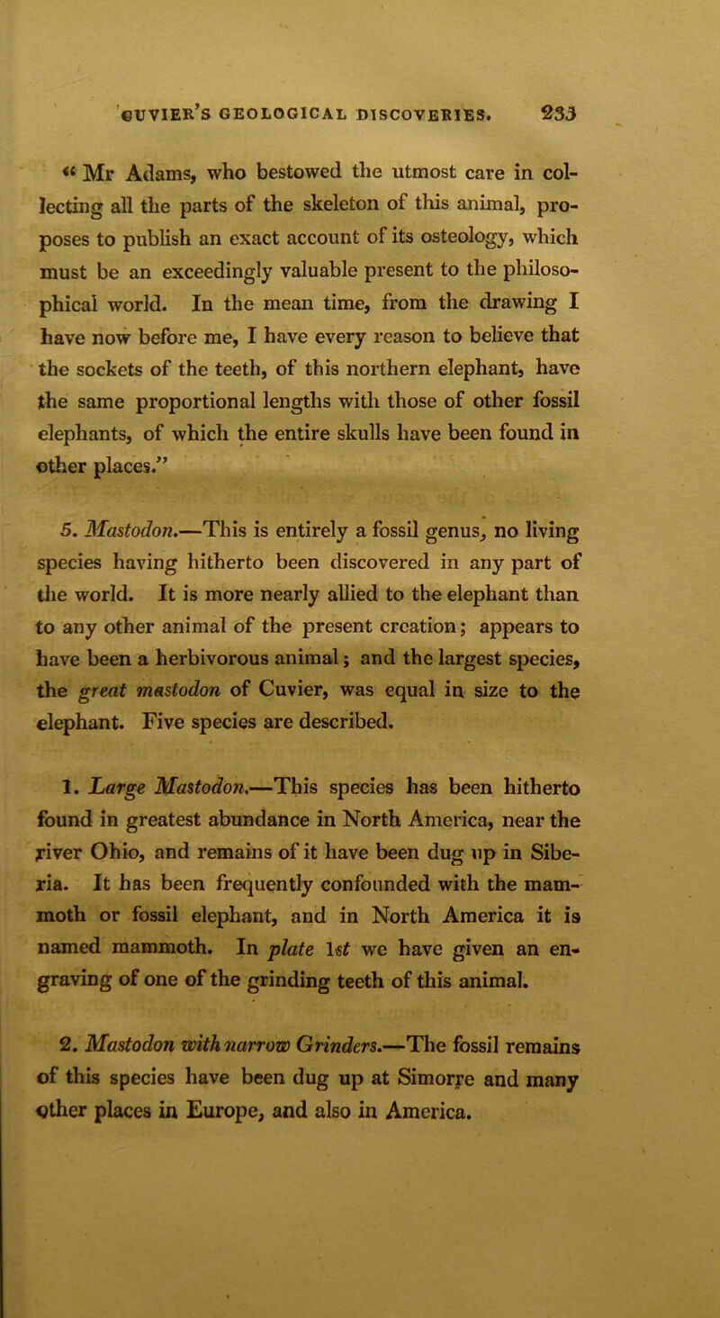 « Mr Adams, who bestowed the utmost care in col- lecting all the parts of the skeleton of this animal, pro- poses to publish an exact account of its osteology, which must be an exceedingly valuable present to the philoso- phical world. In the mean time, from the drawing I have now before me, I have every reason to believe that the sockets of the teeth, of this northern elephant, have the same proportional lengths with those of other fossil elephants, of which the entire skulls have been found in other places.” 5. Mastodon.—This is entirely a fossil genus, no living species having hitherto been discovered in any part of the world. It is more nearly allied to the elephant than to any other animal of the present creation; appears to have been a herbivorous animal; and the largest species, the great mastodon of Cuvier, was equal in size to the elephant. Five species are described. 1. Large Mastodon.—This species has been hitherto found in greatest abundance in North America, near the fiver Ohio, and remains of it have been dug up in Sibe- ria. It has been frequently confounded with the mam- moth or fossil elephant, and in North America it is named mammoth. In plate 1«£ we have given an en- graving of one of the grinding teeth of this animal. 2. Mastodon with narrow Grinders.—The fossil remains of this species have been dug up at Simorre and many other places in Europe, and also in America.