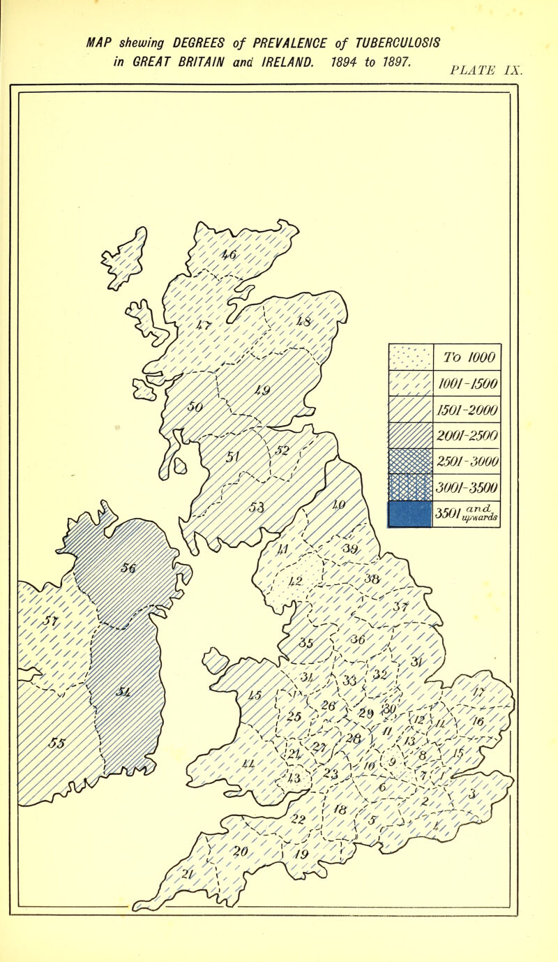 MAP shewing DEGREES of PREVALENCE of TUBERCULOSIS in GREAT BRITAIN and IRELAND. 1894 to 1897.