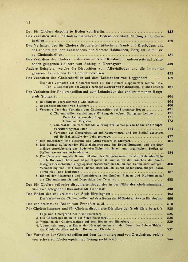 Der für Cholera disponierte Boden von Berlin 423 Das Verhalten des für Cholera disponierten Bodens der Stadt Plattling zu Cholera- bazillen - 429 Das Verhalten des für Cholera disponierten Münchener Sand- und Kiesbodens und des choleraimmunen Lehmbodens der Vororte Haidhausen, Berg am Laim usw. zu Cholerabazillen 431 Das Verhalten der Cholera zu den einerseits auf Kiesboden, andererseits auf Lehm- boden gelegenen Häusern von Aubing in Oberbayern 439 Andere Beispiele, welche die Disposition von Alluvialboden und die Immunität gewisser Lehmböden für Cholera beweisen 455 Das Verhalten der Cholerabazillen auf dem Lehmboden von Deggendorf 459 Über das Verhalten der Cholerabazillen auf für Cholera disponiertem reinen Kies-, Ton- u. Lehmboden bei Zugabe geringer Mengen von Nährmaterial u. ohne solches 461 Das Verhalten der Cholerabazillen auf dem Lehmboden der choleraimmunen Haupt- stadt Stuttgart 464 1. In Stuttgart vorgekommene Cholerafälle 464 2. Bodenbeschaffenheit von Stuttgart 466 3. Versuche über das Verhalten von Cholerabazillen auf Stuttgarter Boden 471 a) Cholerabazillen vernichtende Wirkung der echten Stuttgarter Lehme 471 Roter Lehm von der Prag 471 Lehm von Degerloch 473 b) Cholerabazillen vernichtende Wirkung der Gemenge von Lehm- und Keuper- Verwitterungsprodukten 474 c) Verhalten der Cholerabazillen auf Keupermergel und der Einfluß desselben auf die Bakterizidie der Lehmgemenge 477 4. Der außerordentliche Tiefstand des Grundwassers in Stuttgart 484 5. Der Mangel aufsteigender Flüssigkeitsbewegung im Boden Stuttgarts und die über- mäßige Anreicherung der Bodenoberfläche mit Salzen und organischen Stoffen an Stellen, wo erstere vorhanden ist 484 6. Die Unterbrechung der Kommunikation des Grundwassers mit der Bodenoberfläche durch Bodenschichten mit träger Kapillarität und durch die zwischen die durch- lässigen Deckschichten eingelagerten wasserdichten Stellen von Letten oder Mergel.. 486 7. Vermehrung von für Cholera disponierten Stellen durch Bodenumwälzungen sowie durch Neu- und Umbauten 487 8. Einfluß der Pflasterung und Asphaltierung von Straßen, Plätzen und Hofräumen auf die Choleraimmunität und Disposition des Terrains 488 Der für Cholera teilweise disponierte Boden der in der Nähe des choleraimmunen Stuttgart gelegenen Oberamtsstadt Cannstatt 490 Der Boden der choleraimmunen Stadt Birmingham 493 Das Verhalten der Cholerabazillen auf dem Boden der 10 Stadtbezirke von Birmingham 496 Der choleraimmune Boden von Frankfurt a. M 510 Für Cholera immune und für Cholera disponierte Distrikte der Stadt Elsterberg i. S. 525 1. Lage und Untergrund der Stadt Elsterberg 525 2. Die Choleraepidemien in der Stadt Elsterberg 526 3. Verhalten der Cholerabazillen auf dem Boden von Elsterberg 529 4. Übereinstimmung der Dauer der Hausepidemien mit der Dauer der Lebensfähigkeit der Cholerabazillen auf dem Boden von Elsterberg 537 Das Verhalten der Cholerabazillen auf dem Lehmuntergrund von Ortschaften, welche von schweren Choleraepidemien heimgesucht waren 544