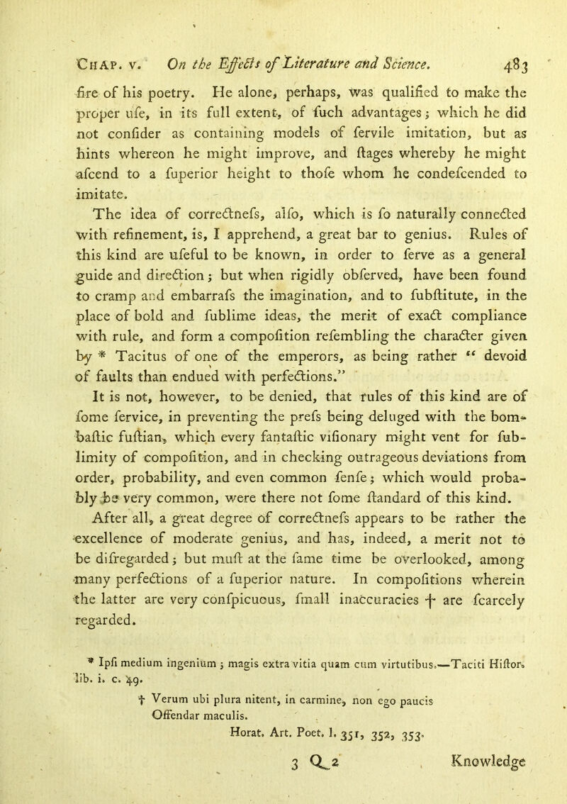 £re of his poetry. He alone, perhaps, was qualified to make the proper ufe, in its full extent-, of fuch advantages; which he did not confider as containing models of fervile imitation, but as hints whereon he might improve, and ftages whereby he might afcend to a fuperior height to tbofe whom he condefcended to imitate. The idea of corredlnefs, alfo, which is fo naturally connedled with refinement, is, I apprehend, a great bar to genius. Rules of this kind are ufeful to be known, in order to ferve as a general ^uide and diredlion; but when rigidly obferved, have been found to cramp and embarrafs the imagination, and to fubflitute, in the place of bold and fublime ideas, the merit of exadl compliance with rule, and form a compofition refembling the character given by ^ Tacitus of one of the emperors, as being rather “ devoid of faults than endued with perfections.” It is not, however, to be denied, that rules of this kind are of fome fervice, in preventing the prefs being deluged with the bom-^ baflic fufiian, which every fantaftic vifionary might vent for fub- limity of compofition, and in checking outrageous deviations from order, probability, and even common fenfe j which would proba- bly very common, were there not fome ftandard of this kind. After all, a great degree of correCtnefs appears to be rather the •excellence of moderate genius, and has, indeed, a merit not to be difregarded; but mufi: at the fame time be overlooked, among -many perfections of a fuperior nature. In compofitions wherein t:he latter are very confpicuous, fmall inaccuracies -f- are fcarcely regarded. ^ Ipfi medium ingenlum j magis extra vitia quam cum virtutibus.—Taciti Hiftor. lib. i, c. ^g. •f Verum ubi plura nitent, in carmine, non ego paucis Offendar maculis. Horat. Art. Poet, 1. 351, 352, 353,