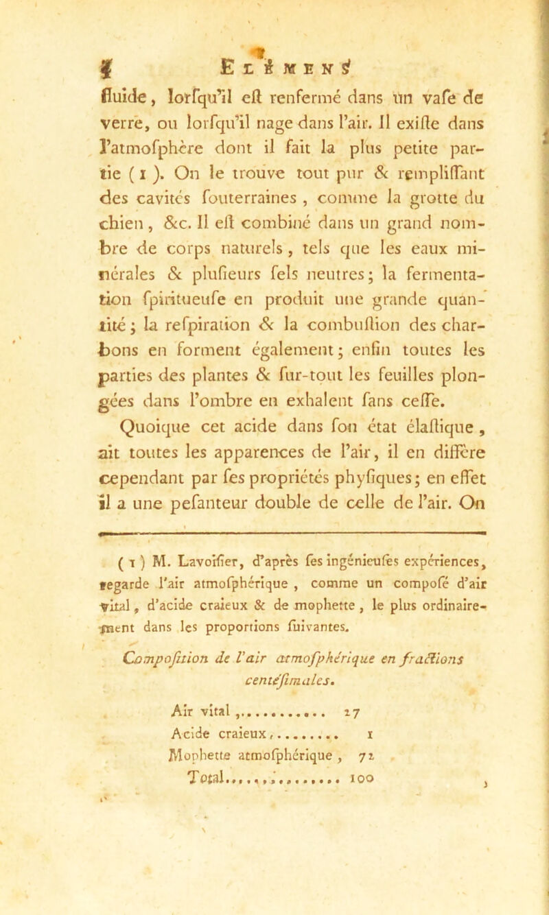 nr f E I ï iî e n ÿ fluide, lorrquril eft renfermé dans un vafe de verre, ou lorfqu’il nage dans l’air. Il exifle dans l’atmofphère dont il fait la plus petite par- tie ( i ). On le trouve tout pur & rçmpliffant des cavités fouterraines , comme la grotte du chien , &c. Il ell combiné dans un grand nom- bre de corps naturels , tels que les eaux mi- nérales & plufieurs fels neutres; la fermenta- tion fpiritueufe en produit une grande quan- tité ; la refpiraiion & la combuflion des char- bons en forment également ; enfin toutes les parties des plantes & fur-tout les feuilles plon- gées dans l’ombre en exhalent fans cefie. Quoique cet acide dans fou état élaflique , ait toutes les apparences de l’air, il en diffère cependant par fes propriétés phyfiques; en effet il a une pefanteiar double de celle de l’air. On ( T ) M. LavoHîer, d’après fes ingénieurs expériences, tegarde l'air atmofphérique , comme un compofé d'air vital, d’acide craieux & de mophette , le plus ordinaire- ment dans les proportions fùivantes. Compofuion de l’air atmofpherique en /raclions centefiraales. Air vital 17 Acide craieux, 1 Mophette acmofphérique , 71 Total. 100 i