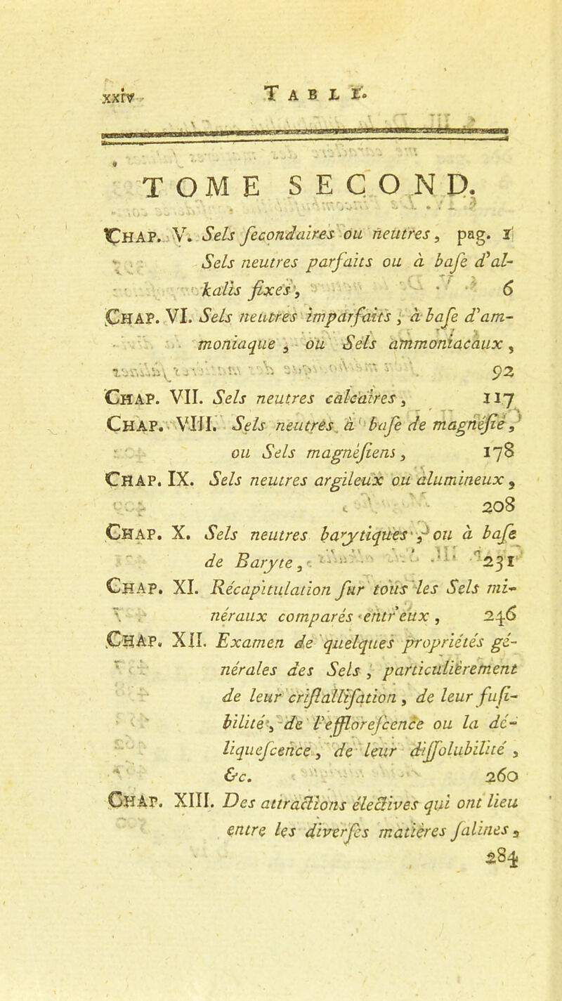 TOME SECOND. CHAP. V. Sels fecondalres ou neutres, pag. i Sels neutres parfaits ou à bafe d’al- kalis fixes, 6 «CHAP. VI. Sels neutres imparfaits , à bafe d'am- moniaque s ou Sels ammoniacaux, •: i V. ' ' ' Ç)Z Chap. VII. Sels neutres calcaires 3 117 Chap. VIII. Sels neutres à. bafe de magnifié, ou Sels magnefiens, 178 Chap. IX. Sels neutres argileux ou alumineux 9 J : } 1 208 Chap. Chap. V ... 4^ Chap, À X. Sels neutres b ay tiques • f ou à bafe 7 T> • ' ' ' * ^ T J rr de Baryte, < ' 231 XI. Récapitulation fur tous les Sels mi- néraux comparés ■ehtreux , 2 fié XII. Examen de quelques propriétés gé- nérales des Sels , particulièrement de leur crifiallïfqtion , de leur fu fi- bilité\ de Vefflorefccnce ou la dé- liqu efcence, de leur dijfolubilhé , &c. 260 CHAP. XIII. Des attractions électives qui ont lieu entre les diverfes matières falines «,