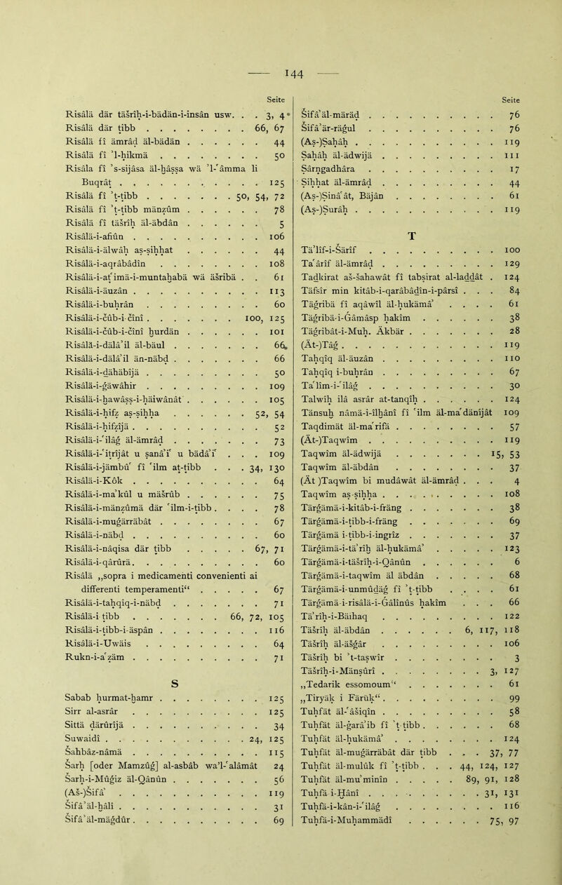 Seite Risälä dar täsrih-i-bädän-i-insän usw. . .3,4» Risälä där tibb 66, 67 Risälä fi ämräd äl-bädän 44 Risälä fi ’l-hikmä 50 Risälä fi ’s-sijäsa äl-hässa wä ’l-'ämma li Buqrät 125 Risälä fi ’t-tibb 50, 54, 72 Risälä fi ’t-tibb mänzüm 78 Risälä fi täsrih äl-äbdän 5 Risälä-i-afiün 106 Risälä-i-älwäh as-sihhat 44 Risälä-i-aqräbädin 108 Risälä-i-at'imä-i-muntahabä wä äsribä . 61 Risälä-i-äuzän 113 Risälä-i-buhrän 60 Risälä-i-cüb-i- cini ioo, 125 Risälä-i-cub-i-cini hurdän 101 Risälä-i-dälä’il äl-bäul 66. Risälä-i-dälä’il än-näbd 66 Risälä-i-dähäbijä 50 Risälä-i-gäwähir 109 Risälä-i-hawäss-i-häiwänät 105 Risälä-i-hifz as-sihha 52, 54 Risälä-i-hifzijä 52 Risälä-i-'iläg äl-ämräd 73 Risälä-i-'itrijät u sanä’i' u bädä’i' . . . 109 Risälä-i-jämbü' fi 'ilm at-tibb . . . 34, 130 Risälä-i-Kok 64 Risälä-i-ma’kül u mäsriib 75 Risälä-i-mänzümä där 'ilm-i-tibb .... 78 Risälä-i-mugärräbät 67 Risälä-i-näbd 60 Risälä-i-näqisa där tibb 67, 71 Risälä-i-qärürä 60 Risälä ,,sopra i medicamenti convenienti ai differenti temperamenti“ 67 Risälä-i-tahqiq-i-näbd 71 Risälä-i tibb 66, 72, 105 Risälä-i-tibb-i-äspän 116 Risälä-i-Uwäis 64 Rukn-i-a'zäm 71 S Sabab hurmat-hamr 125 Sirr al-asrär 125 Sittä därürijä 34 Suwaidi 24, 125 Sahbäz-nämä 115 Sarh [oder Mamzüg] al-asbäb wa’l-'alämät 24 §arh-i-Mügiz äl-Qänün 56 (As-)Sifä’ 119 Sifä’äl-häli 31 Sifä’äl-mägdür 69 Seite äifä’äl-märäd 76 Sifä’är-rägul 76 (As-)Sabäh 119 Sahäb äl-ädwijä 111 Särngadhära 17 Sibhat äl-ämräd 44 (As-)Sinä'ät, Bäjän 61 (As-)Suräh 119 T Tä’lif-i-äärif 100 Ta'ärif äl-ämrad 129 Tadkirat as-sahawät fi tabsirat al-laddät . 124 Täfsir min kitäb-i-qaräbädin-i-pärsi ... 84 Tägribä fi aqäwil äl-bukämä’ .... 61 Tägribä-i-Gämäsp hakim 38 Tägribät-i-Muh. Äkbär 28 (Ät-)Täg 119 Tahqiq äl-äuzän HO Tabqiq i-bubräu 67 Ta'lim-i-'iläg 30 Talwih ilä asrär at-tanqih 124 Tänsuh nämä-i-ilhäni fi 'ilm äl-ma'dänijät 109 Taqdimät äl-ma rifä 57 (Ät-)Taqwim 119 Taqwim äl-ädwijä 15> 53 Taqwim äl-äbdän 37 (Ät )Taqwim bi mudäwät äl-ämräd ... 4 Taqwim as-sibha 108 Tärgämä-i-kitäb-i-fräng 38 Tärgämä-i-tibb-i-fräng 69 Tärgämä i-tibb-i-ingriz 37 Tärgämä-i-tä’rih äl-hukämä’ 123 Tärgämä-i-täsrih-i-Qänün 6 Tärgämä-i-taqwim äl äbdän 68 Tärgämä-i-unmüdäg fi ’t-tibb .... 61 Tärgämä-i-risälä-i-Gälinüs hakim ... 66 Tä’rib-i-Bäihaq 122 Täsrih äl-äbdän 6, 117, 118 Täsrih äl-äsgär 106 Täsrih bi ’t-taswir 3 Täsrih-i-Mänsüri 3, 127 „Tedarik essomoum“ 61 „Tiryälc i Färük“ 99 Tuhfät äl-'äsiqin 58 Tuhfät äl-garä’ib fi ’t tibb 68 Tuhfät äl-hukämä’ 124 Tuhfät äl-mugärräbät där tibb . . . 37, 77 Tuhfät äl-mulük fi ’t-tibb . . . 44, 124, 127 Tuhfät äl-mu’minin 89, 91, 128 Tuhfä i-Häni . . 31,131 Tuhfä-i-kän-i-'iläg 116 Tuhfä-i-Muhammädi 75, 97