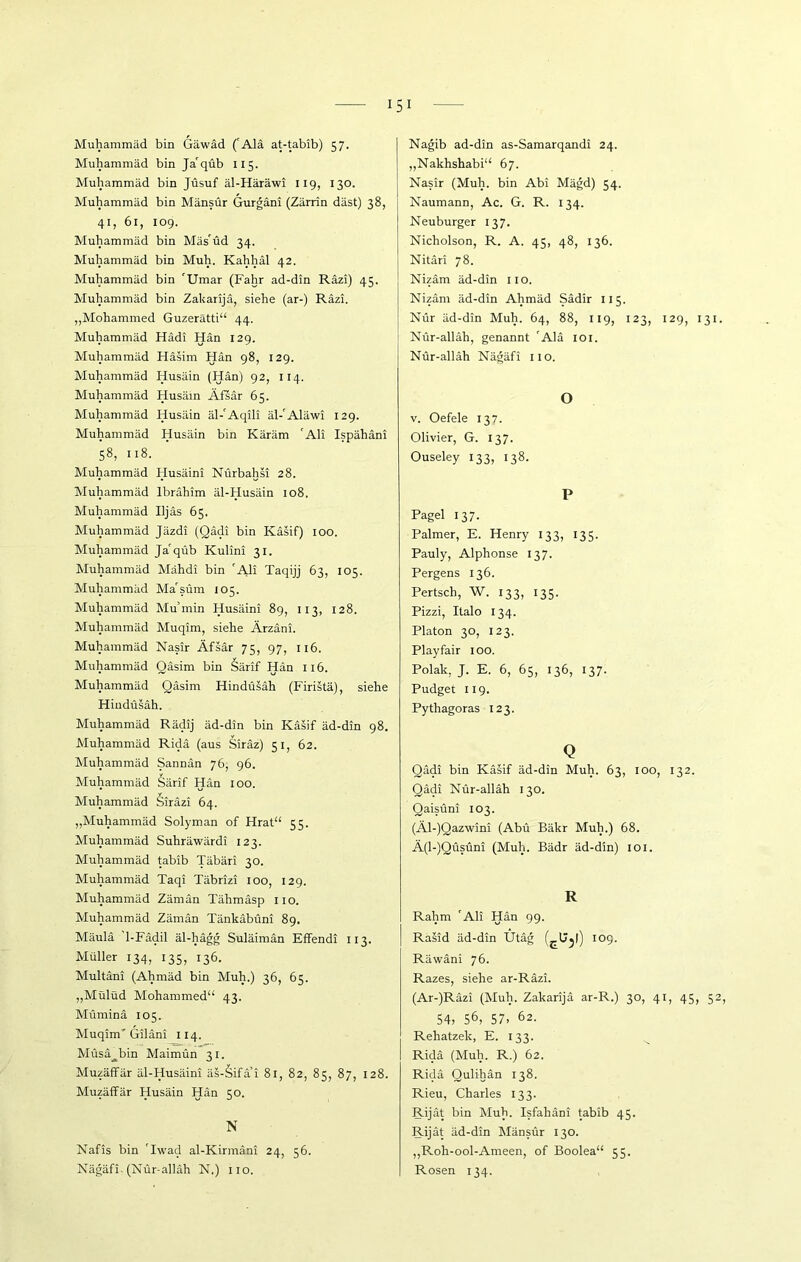 Muhammad bin Gäwäd ('Alä at-tabib) 57. Muhammäd bin Ja'qüb 115. Muhammad bin Jüsuf äl-Häräwi 119, 130. Muhammäd bin Mänsür Gurgäni (Zärrin däst) 38, 41, 61, 109. Muhammäd bin Mäs'üd 34. Muhammäd bin Muh. Kahhäl 42. Muhammäd bin 'Umar (Fahr ad-din Räzi) 45. Muhammäd bin Zakarijä, siehe (ar-) Räzi. „Mohammed Guzerätti“ 44. Muhammäd Hädi Hän 129. Muhammäd Häsim Hän 98, 129. Muhammäd Husäin (Hän) 92, 114. Muhammäd Husäin Äfsär 65. Muhammäd Husäin äl-'Aqili äl-'Aläwi 129. Muhammäd Husäin bin Käräm 'Ali Ispähani 58, 118. Muhammäd Husäini Nürbahsi 28. Muhammäd Ibrahim äl-Husäin 108. Muhammäd Iljäs 65. Muhammäd Jäzdi (Qädi bin Käsif) 100. Muhammäd Ja'qüb Kulini 31. Muhammäd Mahdi bin 'Ali Taqijj 63, 105. Muhammäd Ma'süm 105. Muhammäd Mu’min Husäini 89, 113, 128. Muhammäd Muqim, siehe Ärzäni. Muhammäd Nasir Äfsär 75, 97, 116. Muhammäd Qäsirn bin Särif Hän 116. Muhammäd Qäsirn Hindüsäh (Firistä), siehe Hindüsäh. Muhammäd Rädij äd-din bin Käsif äd-din 98. Muhammäd Ridä (aus Siräz) 51, 62. Muhammäd Sannän 76, 96. Muhammäd Särif Hän 100. Muhammäd Siräzi 64. „Muhammäd Solyman of Hrat“ 55. Muhammäd Suhräwärdi 123. Muhammäd tabib Täbäri 30. Muhammäd Taqi Täbrizi 100, 129. Muhammäd Zämän Tähmäsp 110. Muhammäd Zämän Tänkäbüni 89. Mäulä 1-Fädil äl-hägg Suläimän Effendi 113. Müller 134, 135, 136. Multäni (Ahmäd bin Muh.) 36, 65. „Mülüd Mohammed“ 43. Müminä 105. Muqim’Giläni 114. Müsä^bin Maimün 31. Muzäffär äl-Husäini äs-Sifä’i 81, 82, 85, 87, 128. Muzäffär Husäin Hän 50. N Nafis bin 'Iwad al-Kirmäni 24, 56. Nägäfi. (Nür-alläh N.) 110. Nagib ad-din as-Samarqandi 24. „Nakhshabi“ 67. Nasir (Muh. bin Abi Mägd) 54. Naumann, Ac. G. R. 134. Neuburger 137. Nicholson, R. A. 45, 48, 136. Nitäri 78. Nizäm äd-din 110. Nizäm äd-din Ahmäd Sädir 115. Nur äd-din Muh. 64, 88, 119, 123, 129, 131. Nür-alläh, genannt 'Alä 101. Nür-alläh Nägäfi 110. o v. Oefele 137. Olivier, G. 137. Ouseley 133, 138. P Pagel 137. Palmer, E. Henry 133, 135. Pauly, Alphonse 137. Pergens 136. Pertsch, W. 133, 135. Pizzi, Italo 134. Platon 30, 123. Play fair 100. Polak, J. E. 6, 65, 136, 137. Pudget 119. Pythagoras 123. Q Qädi bin Käsif äd-din Muh. 63, IOO, 132. Qädi Nür-alläh 130. Qaisüni 103. (Äl-)Qazwini (Abu Bäkr Muh.) 68. Ä(l-)Qüsüni (Muh. Bädr äd-din) 101. R Rahm 'Ali Hän 99. Rasid äd-din Ütäg 109. Räwäni 76. Razes, siehe ar-Räzi. (Ar-)Räzi (Muh. Zakarijä ar-R.) 30, 41, 45, 52, 54, 56, 57, 62. Rehatzek, E. 133. Ridä (Muh. R.) 62. Ridä Qulihän 138. Rieu, Charles 133. Rijät bin Muh. Isfahäni tabib 45. Rijät äd-din Mänsür 130. „R-oh-ool-Ameen, of Boolea“ 55. Rosen 134.
