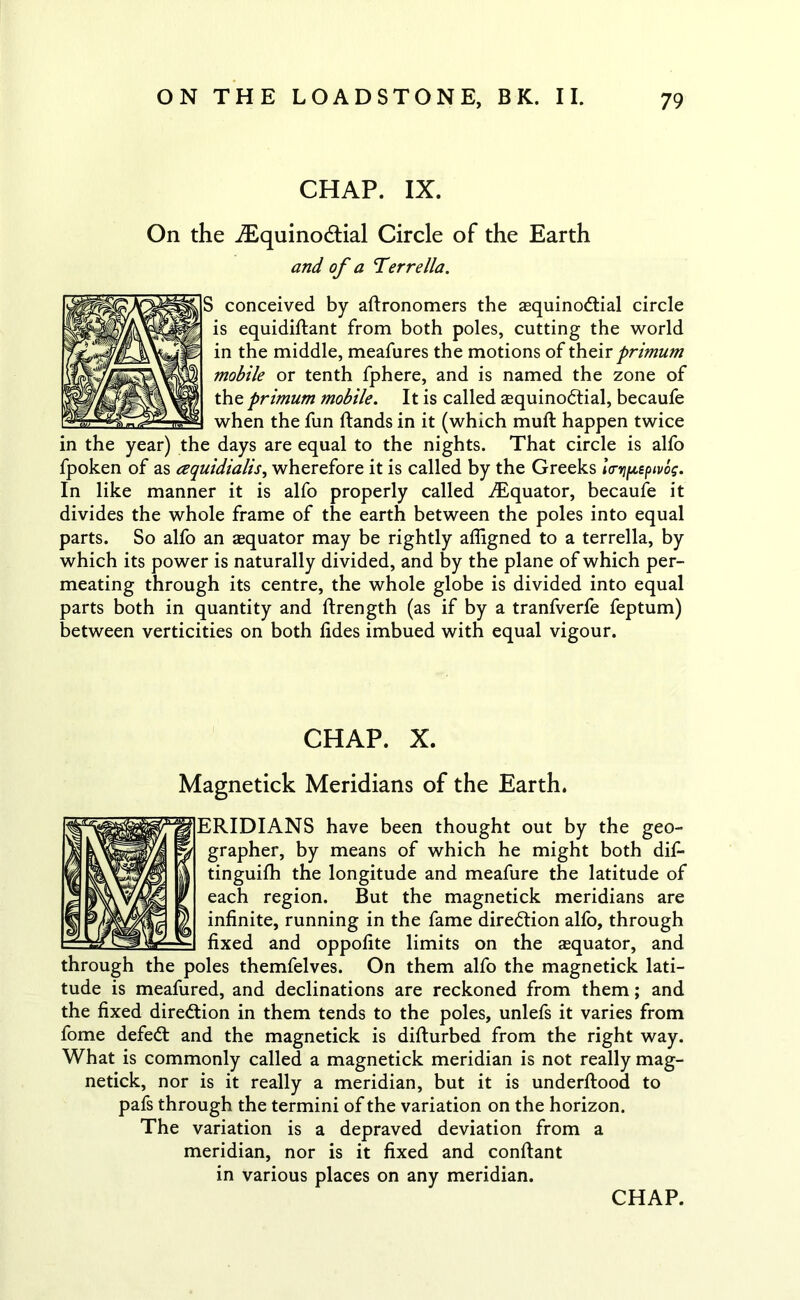 CHAP. IX. On the ^Equinoctial Circle of the Earth and of a ‘Terrella. conceived by altronomers the aequinodtial circle is equidiltant from both poles, cutting the world in the middle, meafures the motions of their primum mobile or tenth fphere, and is named the zone of the primum mobile. It is called aequinodtial, becaufe when the fun Itands in it (which muft happen twice in the year) the days are equal to the nights. That circle is alfo fpoken of as cequidialis, wherefore it is called by the Greeks Itrvipepivog. In like manner it is alfo properly called Equator, becaufe it divides the whole frame of the earth between the poles into equal parts. So alfo an aequator may be rightly affigned to a terrella, by which its power is naturally divided, and by the plane of which per- meating through its centre, the whole globe is divided into equal parts both in quantity and Itrength (as if by a tranfverfe feptum) between verticities on both lides imbued with equal vigour. CHAP. X. Magnetick Meridians of the Earth. ERIDIANS have been thought out by the geo- grapher, by means of which he might both dif- tinguifh the longitude and meafure the latitude of each region. But the magnetick meridians are infinite, running in the fame diredtion allb, through fixed and oppofite limits on the aequator, and through the poles themfelves. On them alfo the magnetick lati- tude is meafured, and declinations are reckoned from them; and the fixed diredtion in them tends to the poles, unlefs it varies from fome defedt and the magnetick is dilturbed from the right way. What is commonly called a magnetick meridian is not really mag- netick, nor is it really a meridian, but it is underftood to pafs through the termini of the variation on the horizon. The variation is a depraved deviation from a meridian, nor is it fixed and conftant in various places on any meridian.