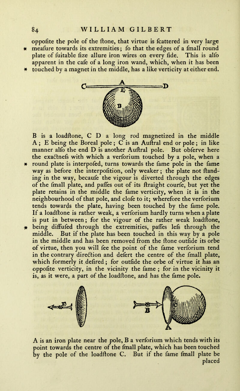 oppoiite the pole of the ftone, that virtue is fcattered in very large * meafure towards its extremities; fo that the edges of a fmall round plate of fuitable fize allure iron wires on every fide. This is alfo apparent in the cafe of a long iron wand, which, when it has been * touched by a magnet in the middle, has a like verticity at either end. B is a loadftone, C D a long rod magnetized in the middle A ; E being the Boreal pole ; C is an Auftral end or pole ; in like manner alfo the end D is another Auftral pole. But obferve here the exadlnefs with which a verforium touched by a pole, when a * round plate is interpofed, turns towards the fame pole in the fame way as before the interpofition, only weaker; the plate not Hand- ing in the way, becaufe the vigour is diverted through the edges of the fmall plate, and pafles out of its ftraight courfe, but yet the plate retains in the middle the fame verticity, when it is in the neighbourhood of that pole, and clofe to it; wherefore the verforium tends towards the plate, having been touched by the fame pole. If a loadftone is rather weak, a verforium hardly turns when a plate is put in between; for the vigour of the rather weak loadftone, * being diffufed through the extremities, pafies lefs through the middle. But if the plate has been touched in this way by a pole in the middle and has been removed from the ftone outfide its orbe of virtue, then you will fee the point of the fame verforium tend in the contrary direction and defert the centre of the fmall plate, which formerly it defired; for outfide the orbe of virtue it has an oppoiite verticity, in the vicinity the fame ; for in the vicinity it is, as it were, a part of the loadftone, and has the fame pole. A is an iron plate near the pole, B a verforium which tends with its point towards the centre of the fmall plate, which has been touched by the pole of the loadftone C. But if the fame fmall plate be placed