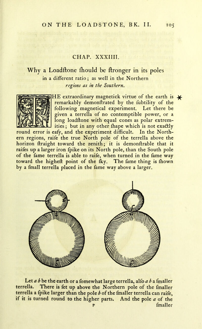 CHAP. XXXIIII. Why a Loadftone ftiould be ftronger in its poles in a different ratio; as well in the Northern regions as in the Southern. HE extraordinary magnetick virtue of the earth is ^ remarkably demonftrated by the lubtility of the following magnetical experiment. Let there be given a terrella of no contemptible power, or a long loadftone with equal cones as polar extrem- ities ; but in any other fhape which is not exactly eafy, and the experiment difficult. In the North- ern regions, raife the true North pole of the terrella above the horizon ftraight toward the zenith; it is demonftrable that it raifes up a larger iron fpike on its North pole, than the South pole of the fame terrella is able to raife, when turned in the fame way toward the higheft point of the Iky. The fame thing is fttown by a fmall terrella placed in the fame way above a larger. Let a b be the earth or a fomewhat large terrella, alfo a b a fmaller terrella. There is fet up above the Northern pole of the fmaller terrella a fpike larger than the pole b of the fmaller terrella can raife, if it is turned round to the higher parts. And the pole a of the p fmaller