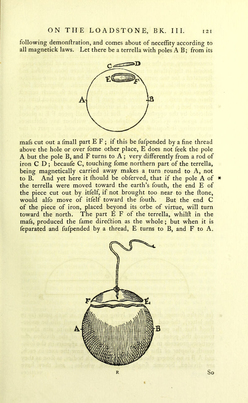 following demonffration, and comes about of neceffity according to all magnetick laws. Let there be a terrella with poles A B; from its mafs cut out a fmall part E F ; if this be fulpended by a fine thread above the hole or over fome other place, E does not feek the pole A but the pole B, and F turns to A ; very differently from a rod of iron C D; becaufe C, touching fome northern part of the terrella, being magnetically carried away makes a turn round to A, not to B. And yet here it fhould be obferved, that if the pole A of * the terrella were moved toward the earth’s fouth, the end E of the piece cut out by itfelf, if not brought too near to the ftone, would alfo move of itfelf toward the fouth. But the end C of the piece of iron, placed beyond its orbe of virtue, will turn toward the north. The part E F of the terrella, whilft in the mafs, produced the fame direction as the whole; but when it is feparated and fufpended by a thread, E turns to B, and F to A. R So
