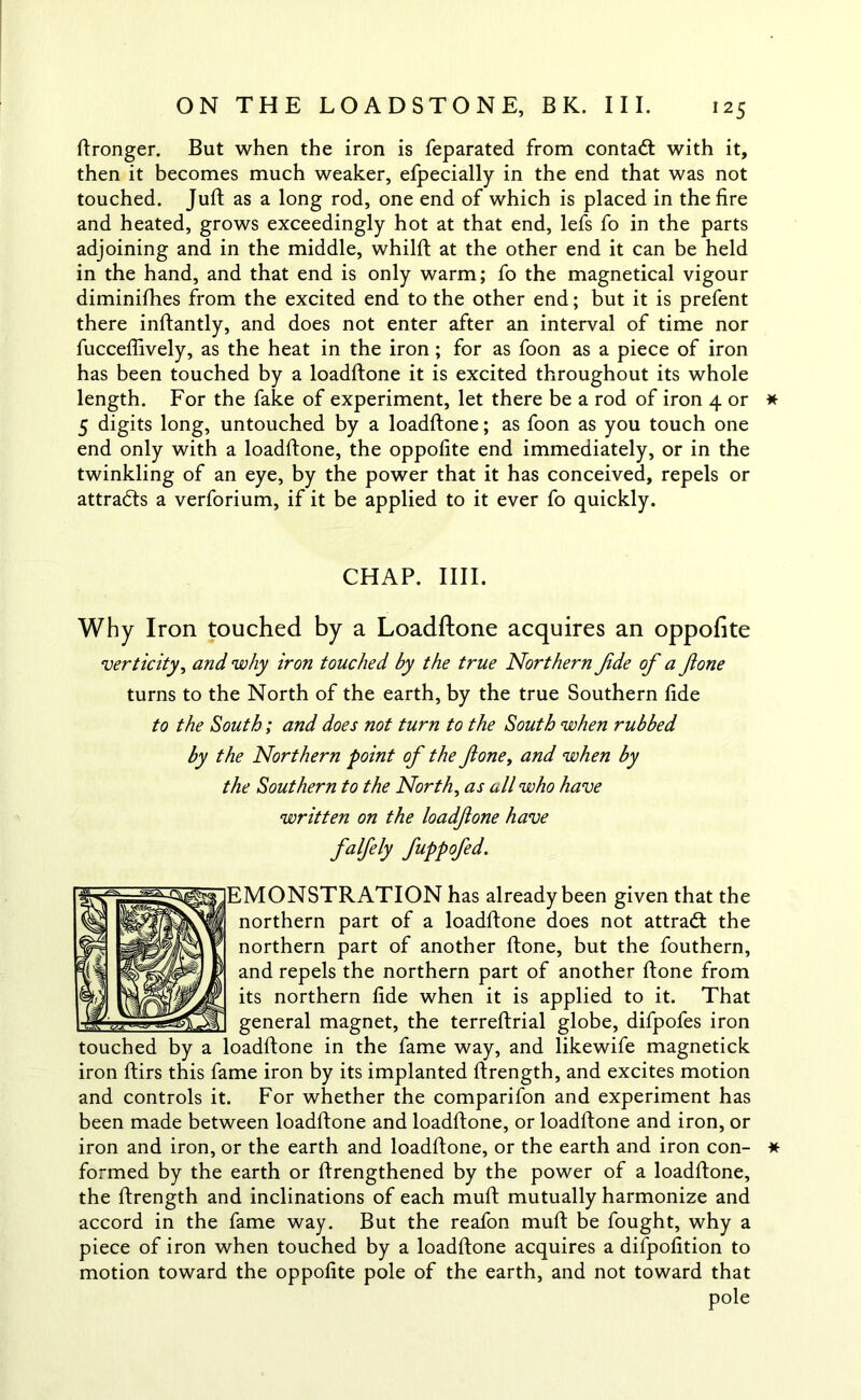 ftronger. But when the iron is feparated from contadt with it, then it becomes much weaker, efpecially in the end that was not touched. Juft as a long rod, one end of which is placed in the fire and heated, grows exceedingly hot at that end, lefs fo in the parts adjoining and in the middle, whilft at the other end it can be held in the hand, and that end is only warm; fo the magnetical vigour diminifhes from the excited end to the other end; but it is prefent there inftantly, and does not enter after an interval of time nor fucceflively, as the heat in the iron; for as foon as a piece of iron has been touched by a loadftone it is excited throughout its whole length. For the fake of experiment, let there be a rod of iron 4 or * 5 digits long, untouched by a loadftone; as foon as you touch one end only with a loadftone, the oppofite end immediately, or in the twinkling of an eye, by the power that it has conceived, repels or attracts a verforium, if it be applied to it ever fo quickly. CHAP. IIII. Why Iron touched by a Loadftone acquires an oppofite verticity, and why iron touched by the true Northern Jide of a fone turns to the North of the earth, by the true Southern fide to the South; and does not turn to the South when rubbed by the Northern point of the fone, and when by the Southern to the Norths as all who have written on the loadfone have falfely fuppofed. EMONSTRATION has already been given that the northern part of a loadftone does not attraft the northern part of another ftone, but the fouthern, and repels the northern part of another ftone from its northern fide when it is applied to it. That general magnet, the terreftrial globe, difpofes iron touched by a loadftone in the fame way, and likewife magnetick iron ftirs this fame iron by its implanted ftrength, and excites motion and controls it. For whether the comparifon and experiment has been made between loadftone and loadftone, or loadftone and iron, or iron and iron, or the earth and loadftone, or the earth and iron con- formed by the earth or ftrengthened by the power of a loadftone, the ftrength and inclinations of each muft mutually harmonize and accord in the fame way. But the reafon muft be fought, why a piece of iron when touched by a loadftone acquires a difpofition to motion toward the oppofite pole of the earth, and not toward that pole
