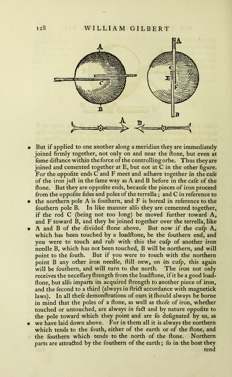 A T» =$3= < * But if applied to one another along a meridian they are immediately joined firmly together, not only on and near the ftone, but even at fome diftance within the force of the controlling orbe. Thus they are joined and cemented together at E, but not at C in the other figure. For the oppofite ends C and F meet and adhasre together in the cafe of the iron juft in the fame way as A and B before in the cafe of the ftone. But they are oppofite ends, becaufe the pieces of iron proceed from the oppofite fides and poles of the terrella ; and C in reference to * the northern pole A is fouthern, and F is boreal in reference to the fouthern pole B. In like manner alfo they are cemented together, if the rod C (being not too long) be moved further toward A, and F toward B, and they be joined together over the terrella, like * A and B of the divided ftone above. But now if the cufp A, which has been touched by a loadftone, be the fouthern end, and you were to touch and rub with this the cufp of another iron needle B, which has not been touched, B will be northern, and will point to the fouth. But if you were to touch with the northern point B any other iron needle, ftill new, on its cufp, this again will be fouthern, and will turn to the north. The iron not only receives the necefiary ftrength from the loadftone, if it be a good load- ftone, but alfo imparts its acquired ftrength to another piece of iron, and the fecond to a third (always in ftridt accordance with magnetick laws). In all thefe demonftrations of ours it fhould always be borne in mind that the poles of a ftone, as well as thofe of iron, whether touched or untouched, are always in fadt and by nature oppofite to the pole toward which they point and are fo defignated by us, as * we have laid down above. For in them all it is always the northern which tends to the fouth, either of the earth or of the ftone, and the fouthern which tends to the north of the ftone. Northern parts are attracted by the fouthern of the earth ; fo in the boat they tend