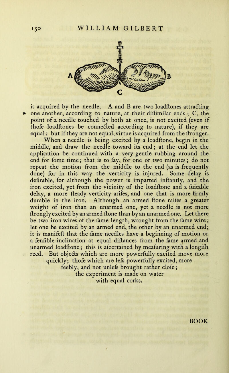 is acquired by the needle. A and B are two loadftones attracting * one another, according to nature, at their diflimilar ends ; C, the point of a needle touched by both at once, is not excited (even if thofe loadftones be connected according to nature), if they are equal; but if they are not equal, virtue is acquired from the ftronger. When a needle is being excited by a loadftone, begin in the middle, and draw the needle toward its end; at the end let the application be continued with a very gentle rubbing around the end for fome time; that is to fay, for one or two minutes; do not repeat the motion from the middle to the end (as is frequently done) for in this way the verticity is injured. Some delay is defirable, for although the power is imparted inftantly, and the iron excited, yet from the vicinity of the loadftone and a fuitable delay, a more fteady verticity arifes, and one that is more firmly durable in the iron. Although an armed ftone raifes a greater weight of iron than an unarmed one, yet a needle is not more ftrongly excited by an armed ftone than by an unarmed one. Let there be two iron wires of the fame length, wrought from the fame wire ; let one be excited by an armed end, the other by an unarmed end; it is manifeft that the fame needles have a beginning of motion or a fenfible inclination at equal diftances from the fame armed and unarmed loadftone ; this is afcertained by meafuring with a longifh reed. But objects which are more powerfully excited move more quickly; thofe which are lefs powerfully excited, more feebly, and not unlefs brought rather clofe; the experiment is made on water with equal corks. BOOK